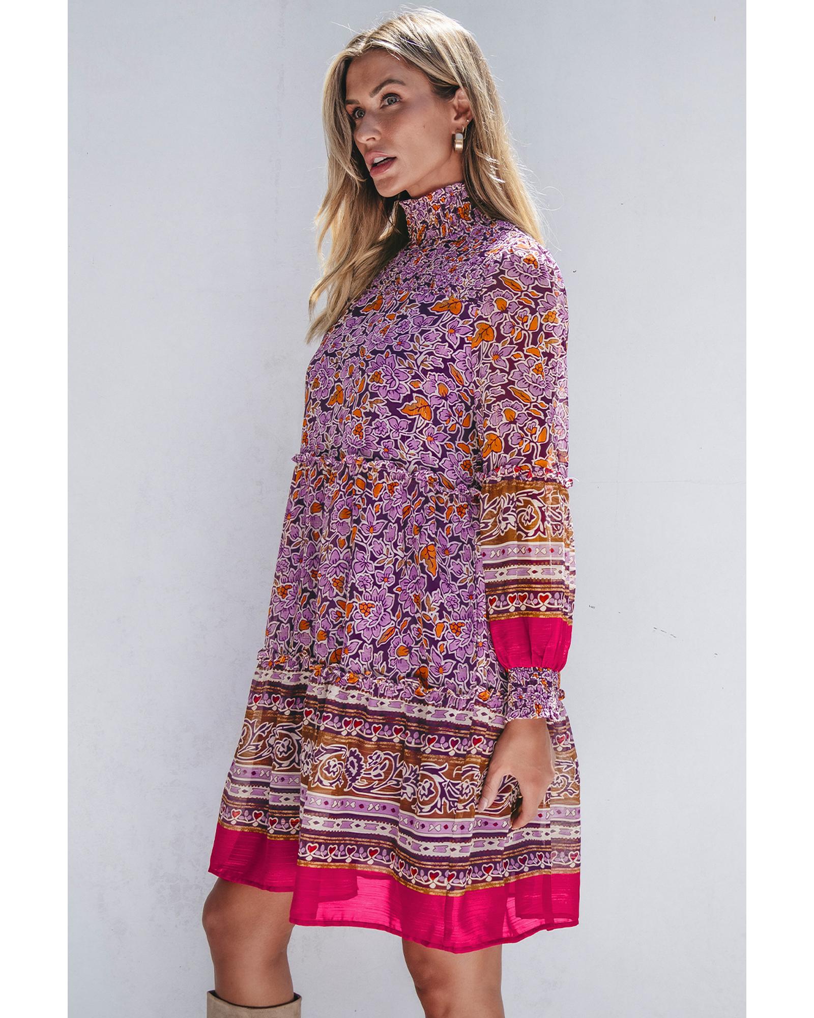 Purple Floral Smocked Puff Sleeve High Neck Mini Dress - S