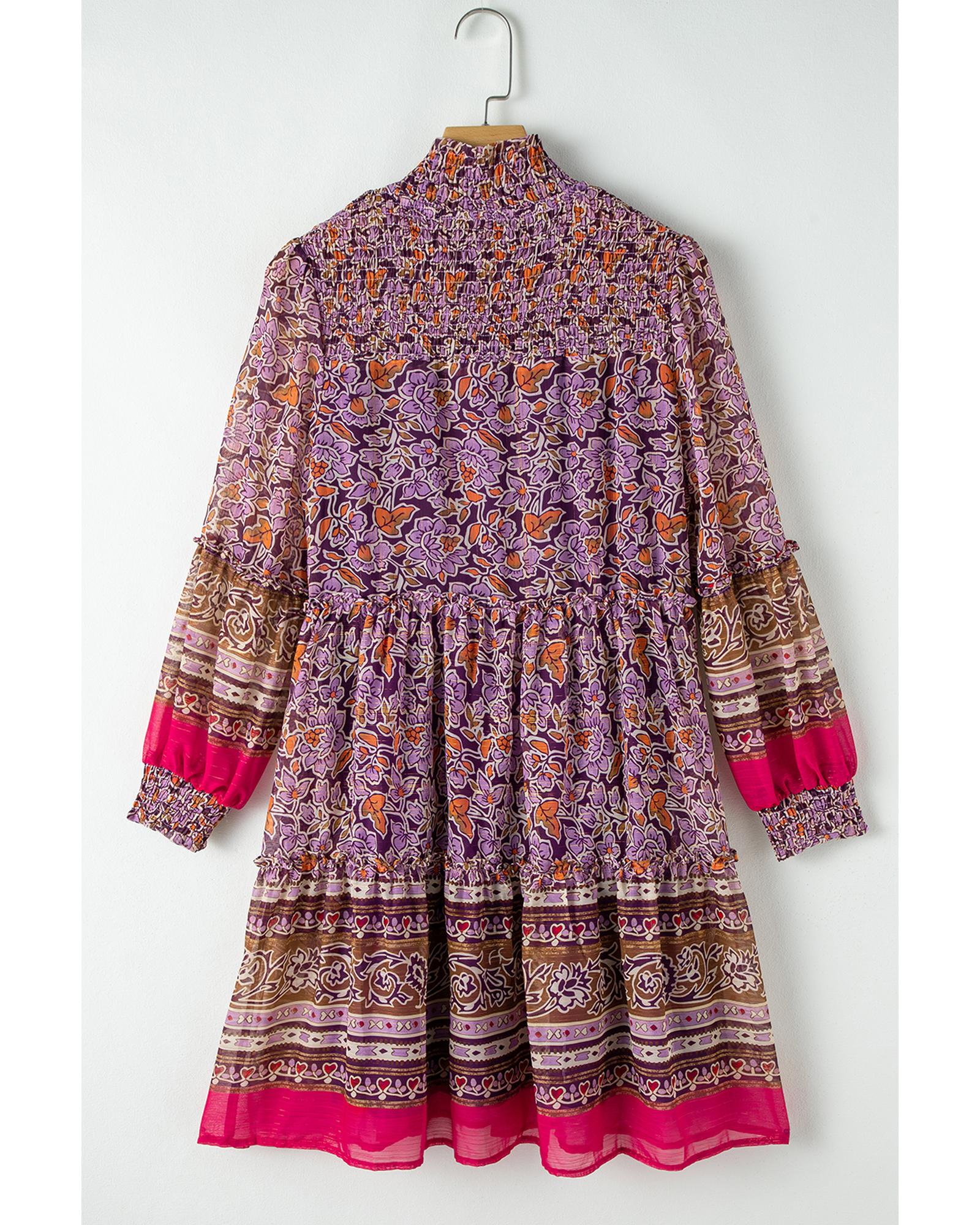 Purple Floral Smocked Puff Sleeve High Neck Mini Dress - S 5