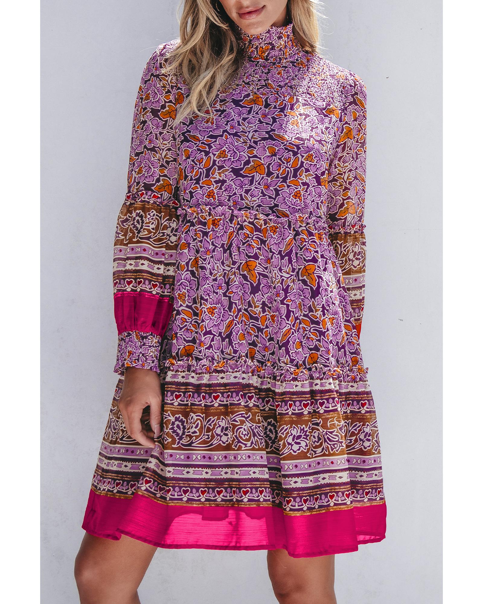 Purple Floral Smocked Puff Sleeve High Neck Mini Dress - S 8