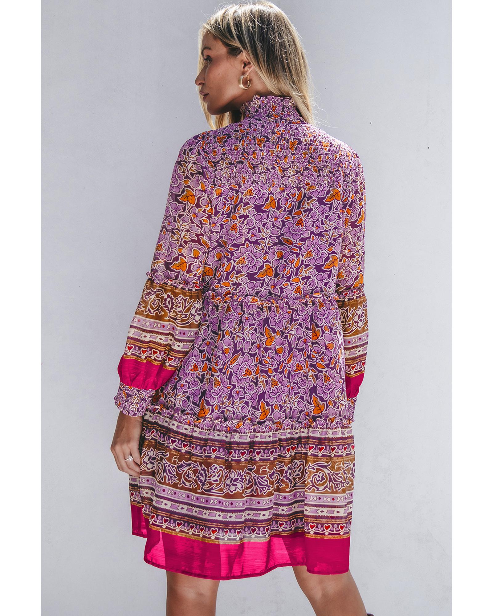 Purple Floral Smocked Puff Sleeve High Neck Mini Dress - XL 6