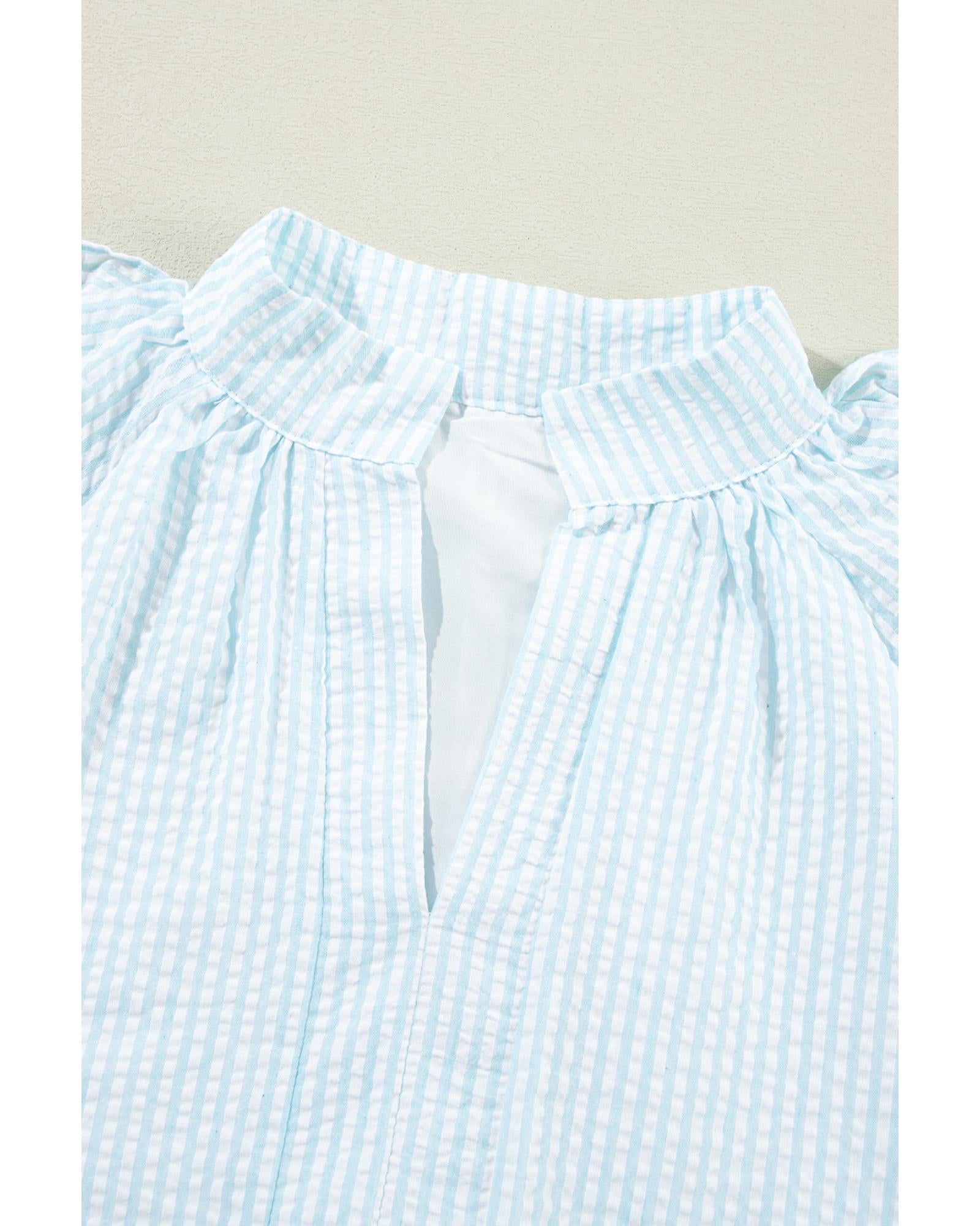 Myosotis Seersucker Ruffled Puff Sleeve Stand Neck Mini Dress - L 3