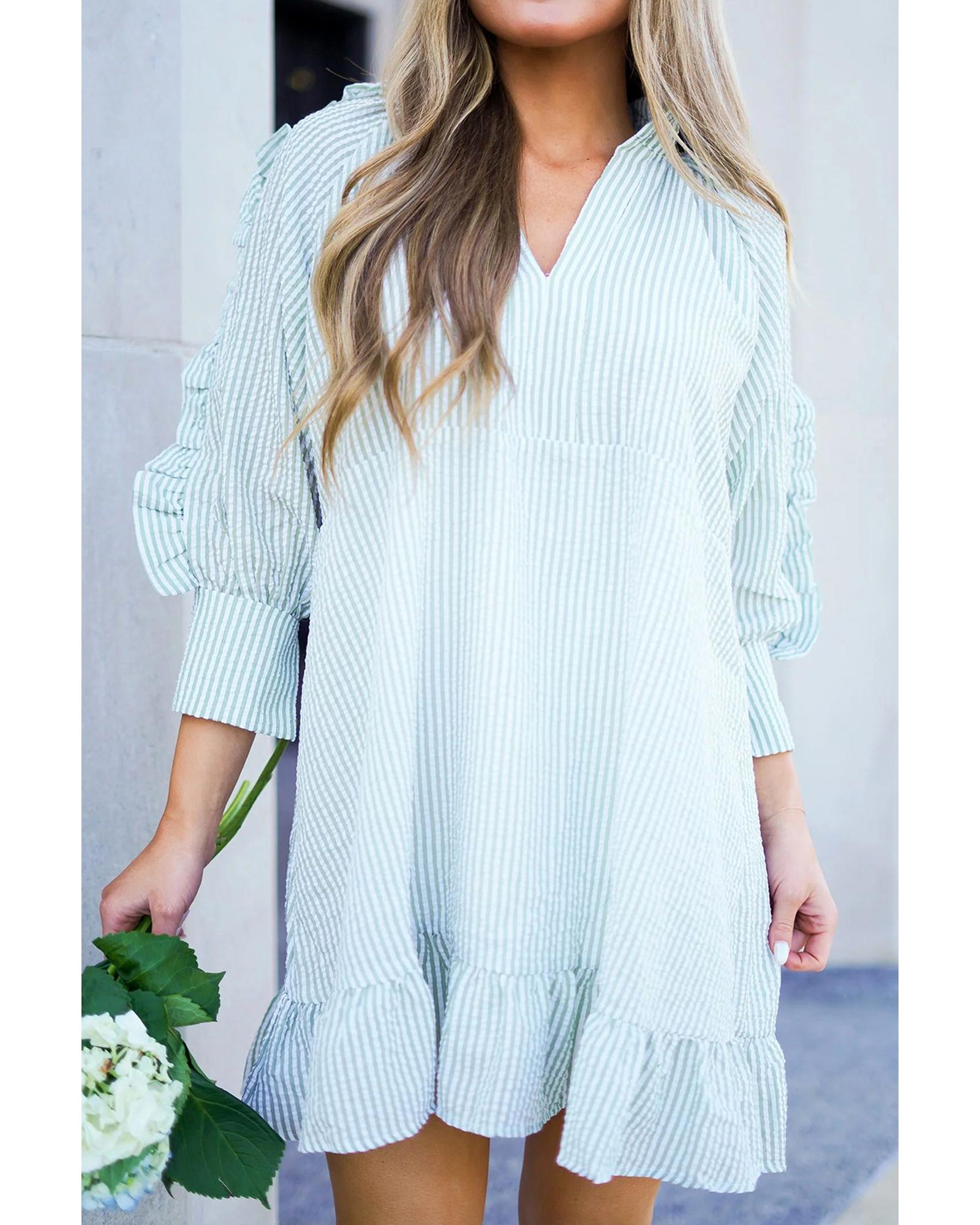 Myosotis Seersucker Ruffled Puff Sleeve Stand Neck Mini Dress - L 4