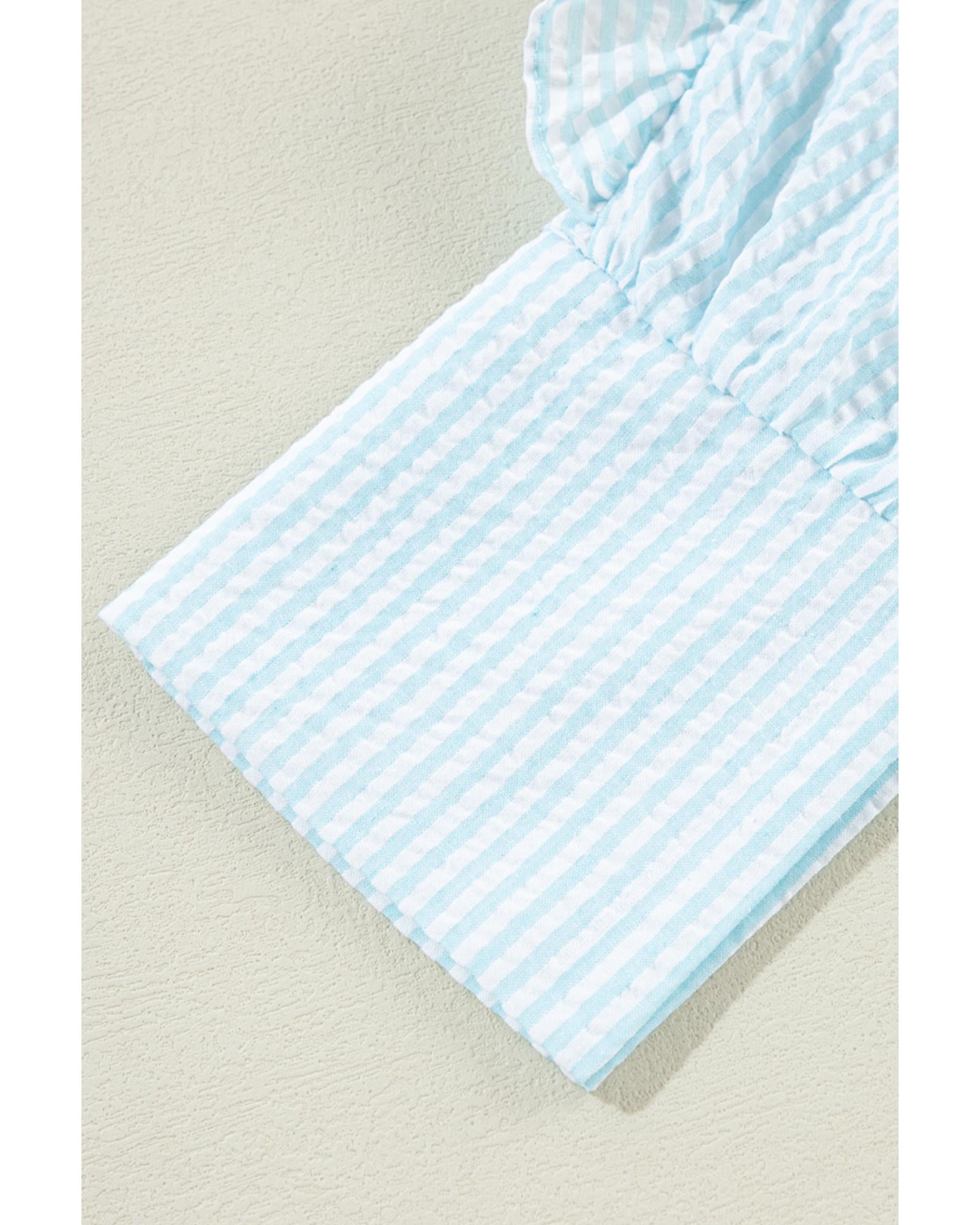 Myosotis Seersucker Ruffled Puff Sleeve Stand Neck Mini Dress - L 8