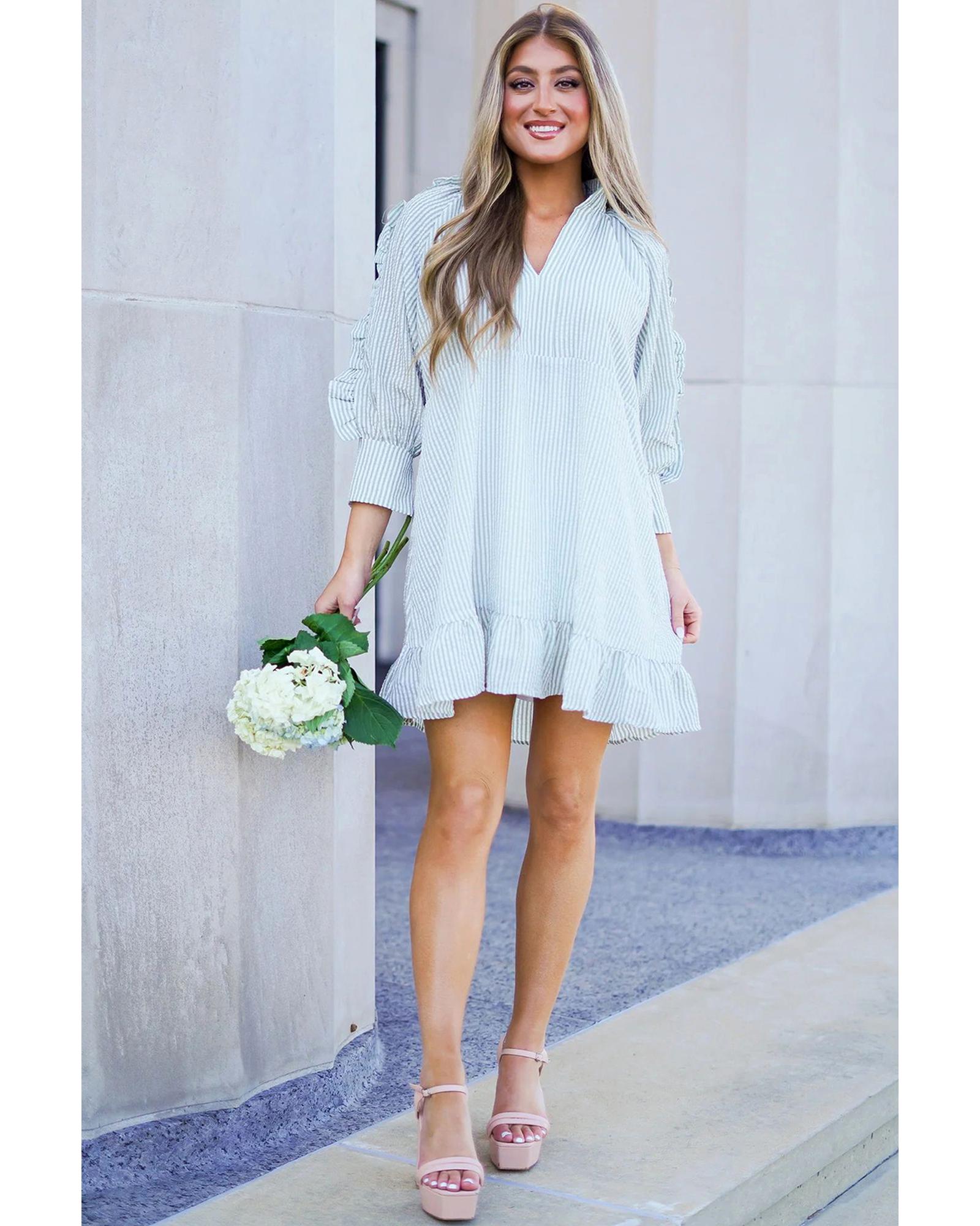 Myosotis Seersucker Ruffled Puff Sleeve Stand Neck Mini Dress - M 6