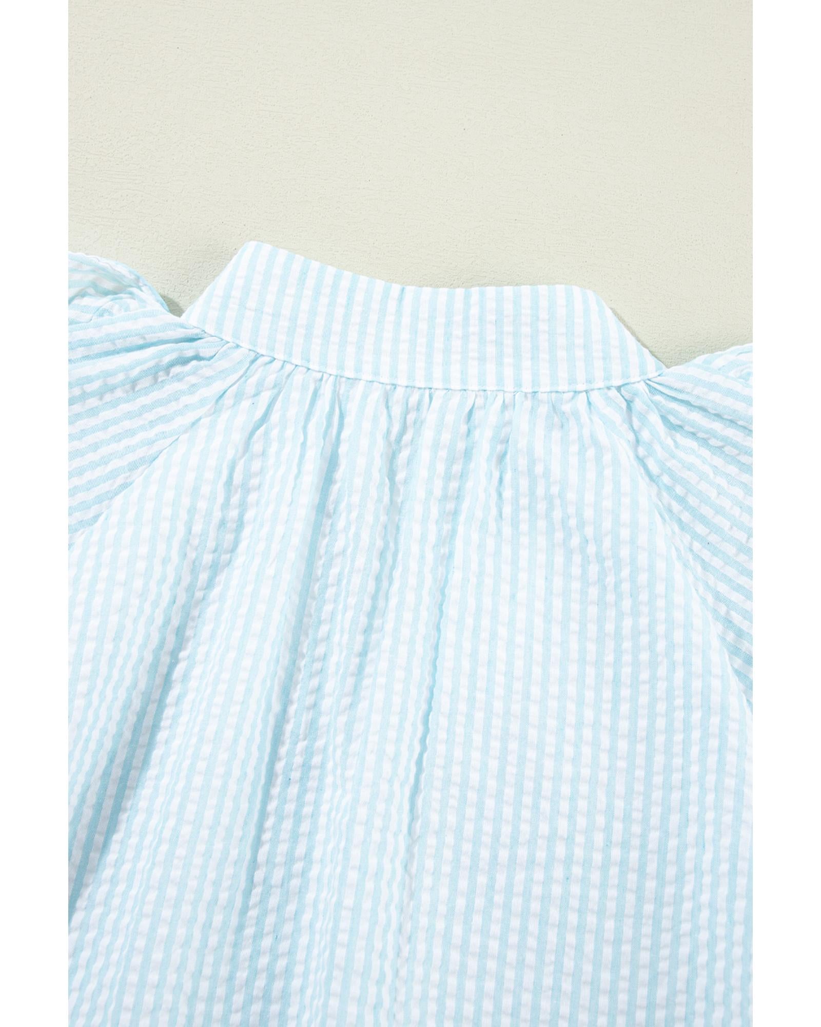 Myosotis Seersucker Ruffled Puff Sleeve Stand Neck Mini Dress - M 7