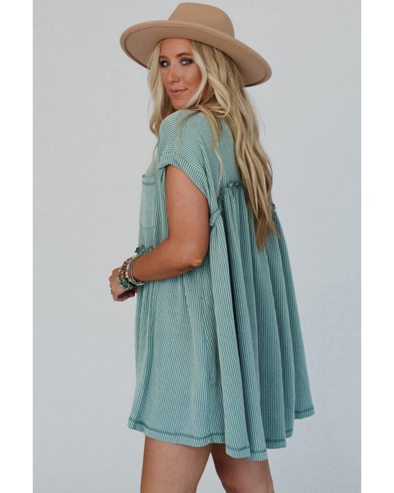 Canton Corded Knit Textured Patched Pocket Frilled Swing Mini Dress with Pockets - L 3
