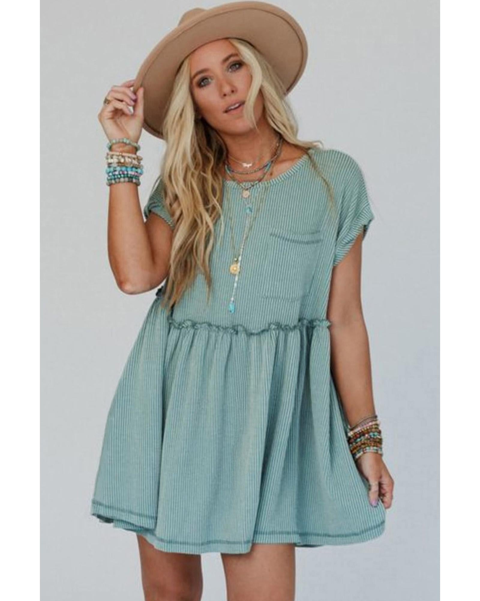 Canton Corded Knit Textured Patched Pocket Frilled Swing Mini Dress with Pockets - M 4