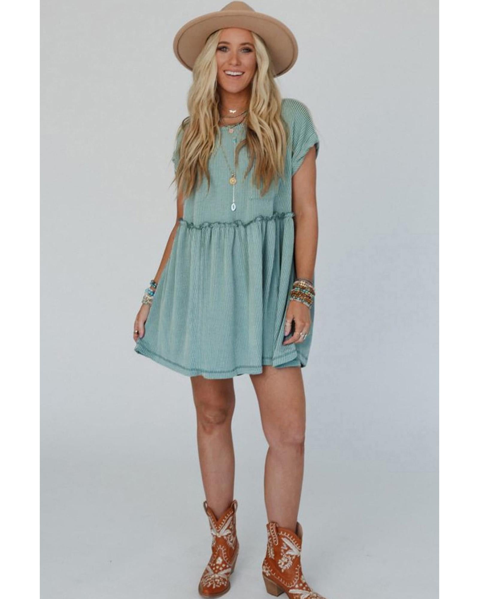 Canton Corded Knit Textured Patched Pocket Frilled Swing Mini Dress with Pockets - M 5