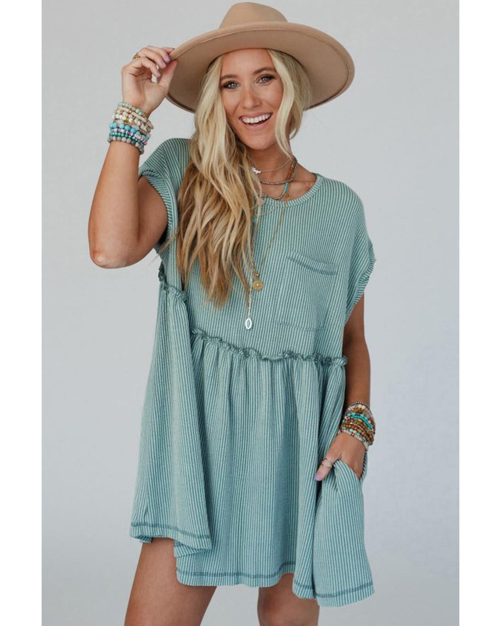 Canton Corded Knit Textured Patched Pocket Frilled Swing Mini Dress with Pockets - M 6