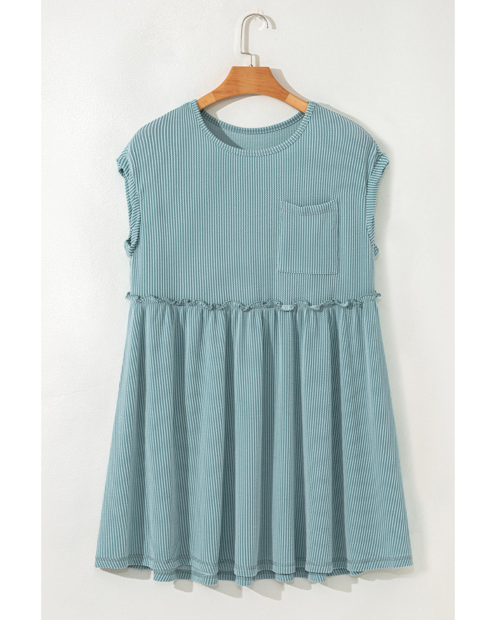 Canton Corded Knit Textured Patched Pocket Frilled Swing Mini Dress with Pockets - M 7