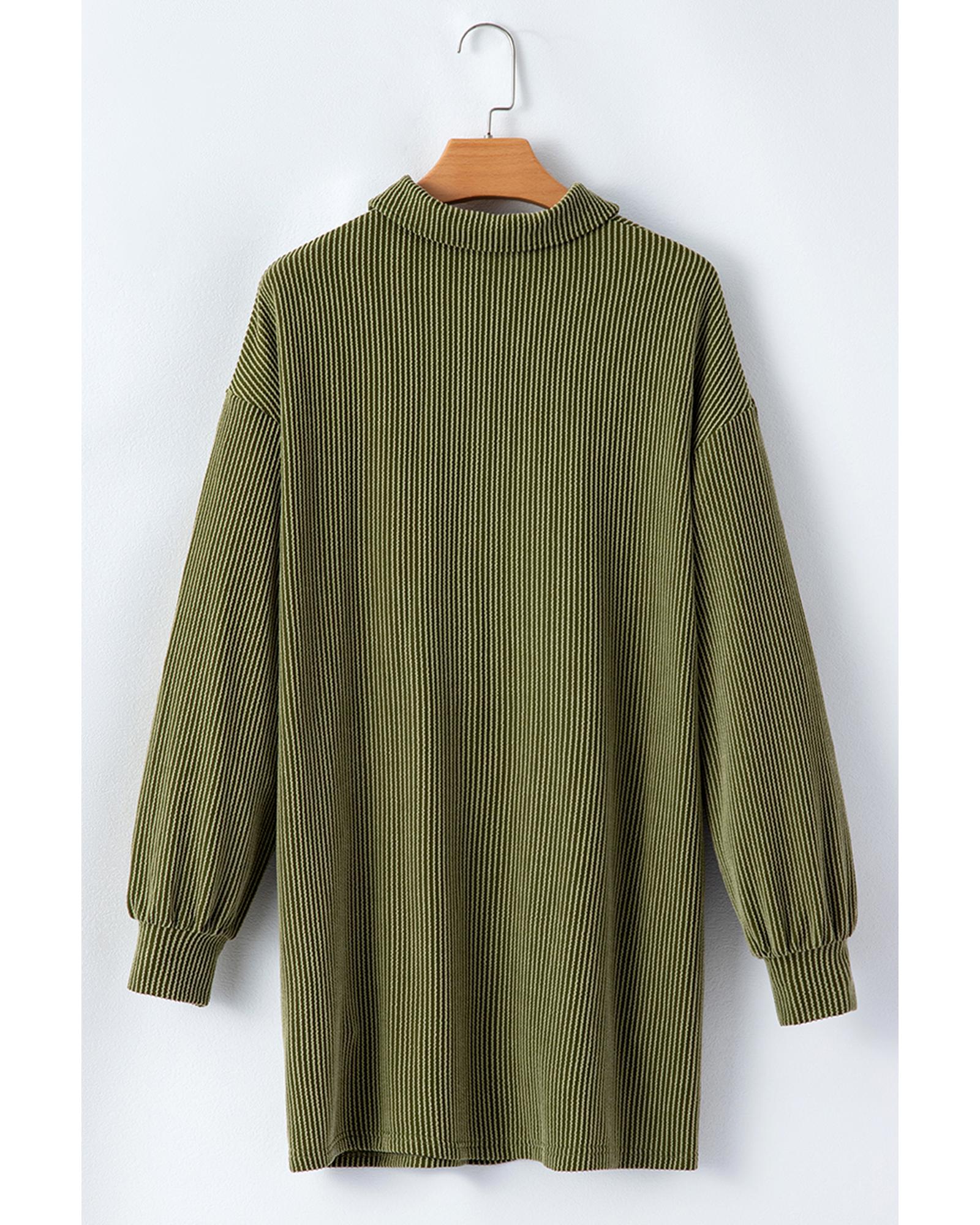 Moss Green Corded Buttons Placket Drop Shoulder Collared Shift Dress - L