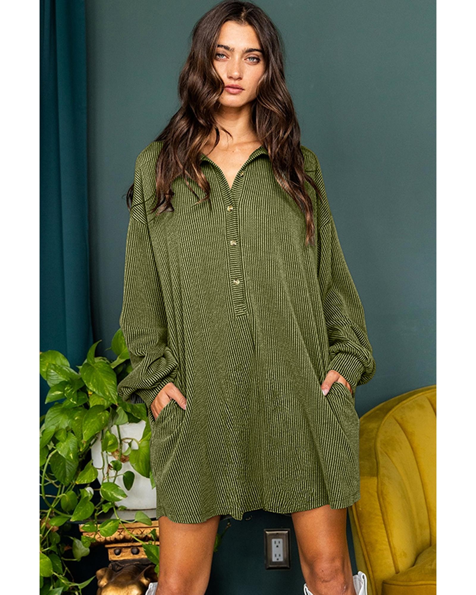 Moss Green Corded Buttons Placket Drop Shoulder Collared Shift Dress - L