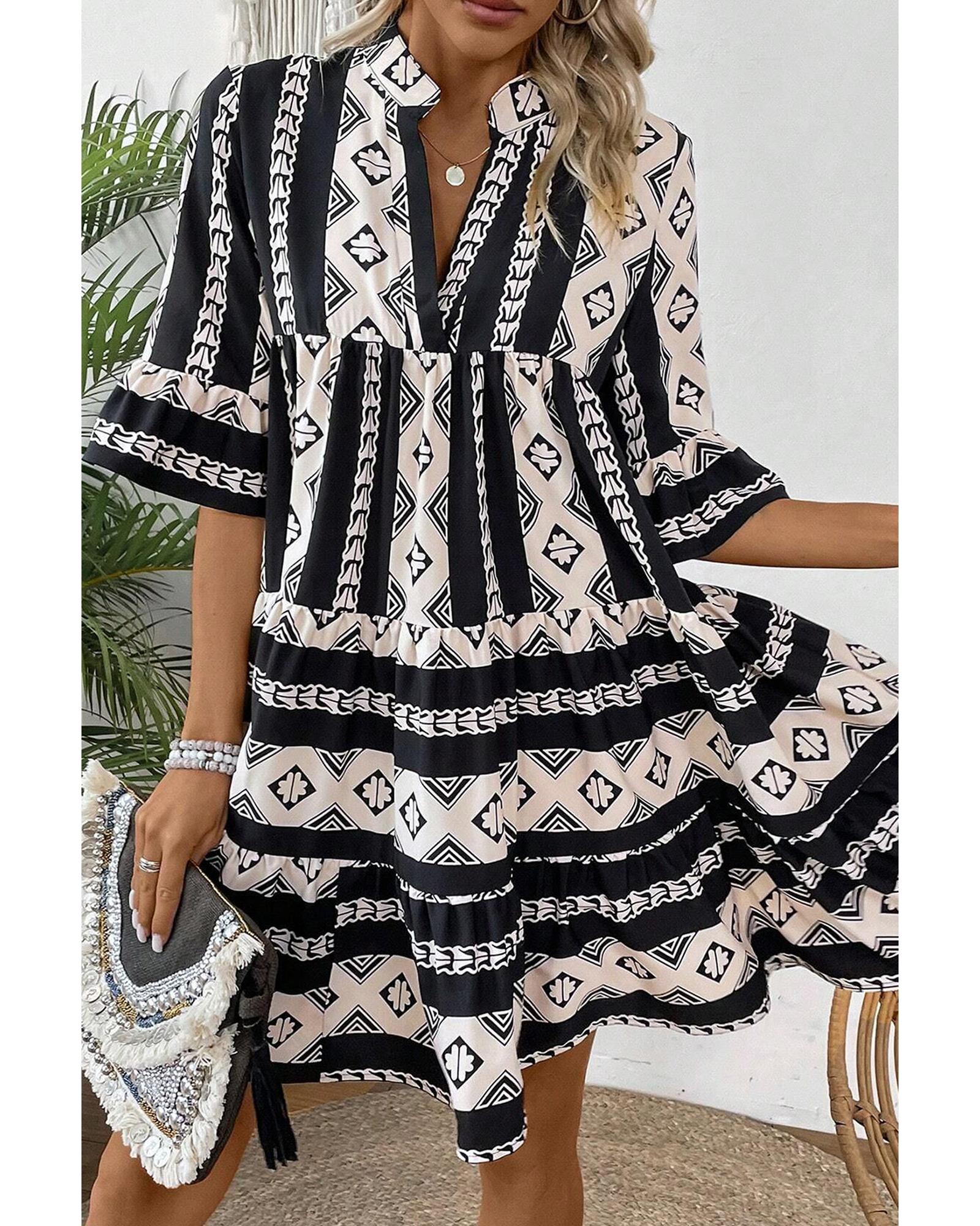 Black Geometric Print V Neck Ruffled Dress - L 8