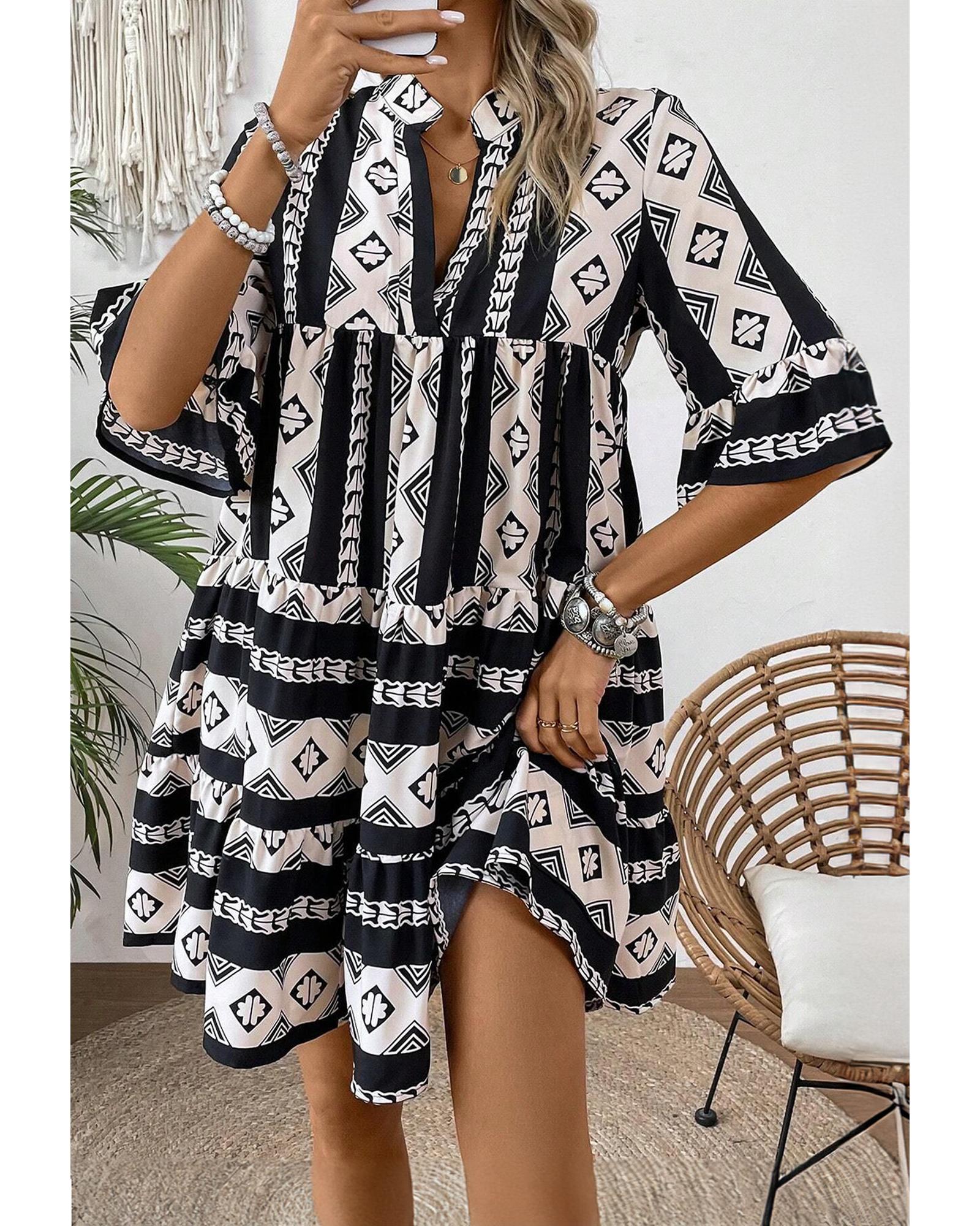 Black Geometric Print V Neck Ruffled Dress - M 5