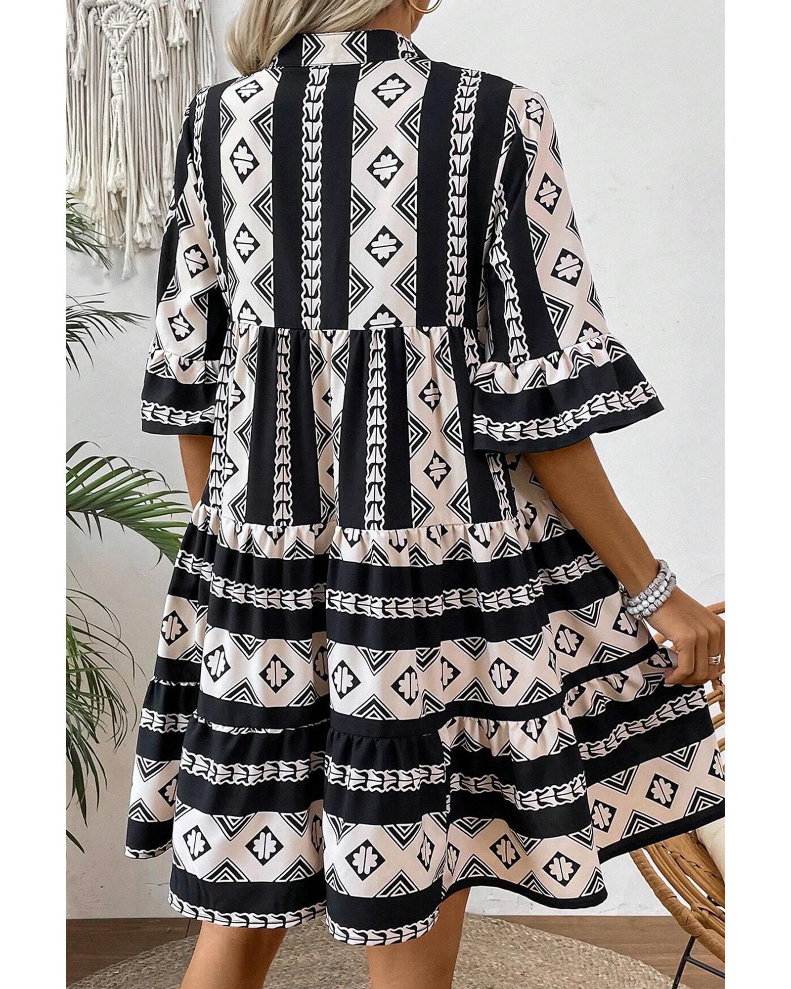 Black Geometric Print V Neck Ruffled Dress - M 7