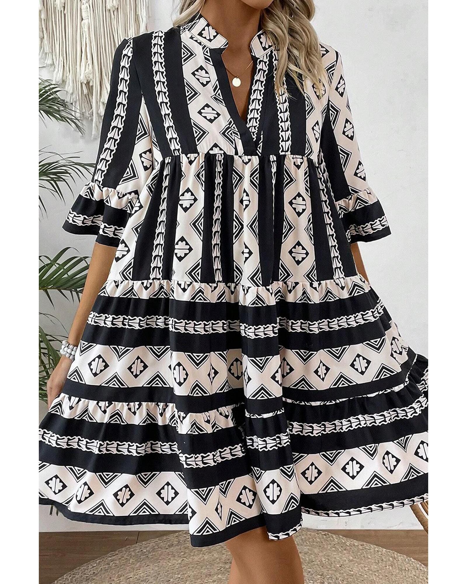 Black Geometric Print V Neck Ruffled Dress - S