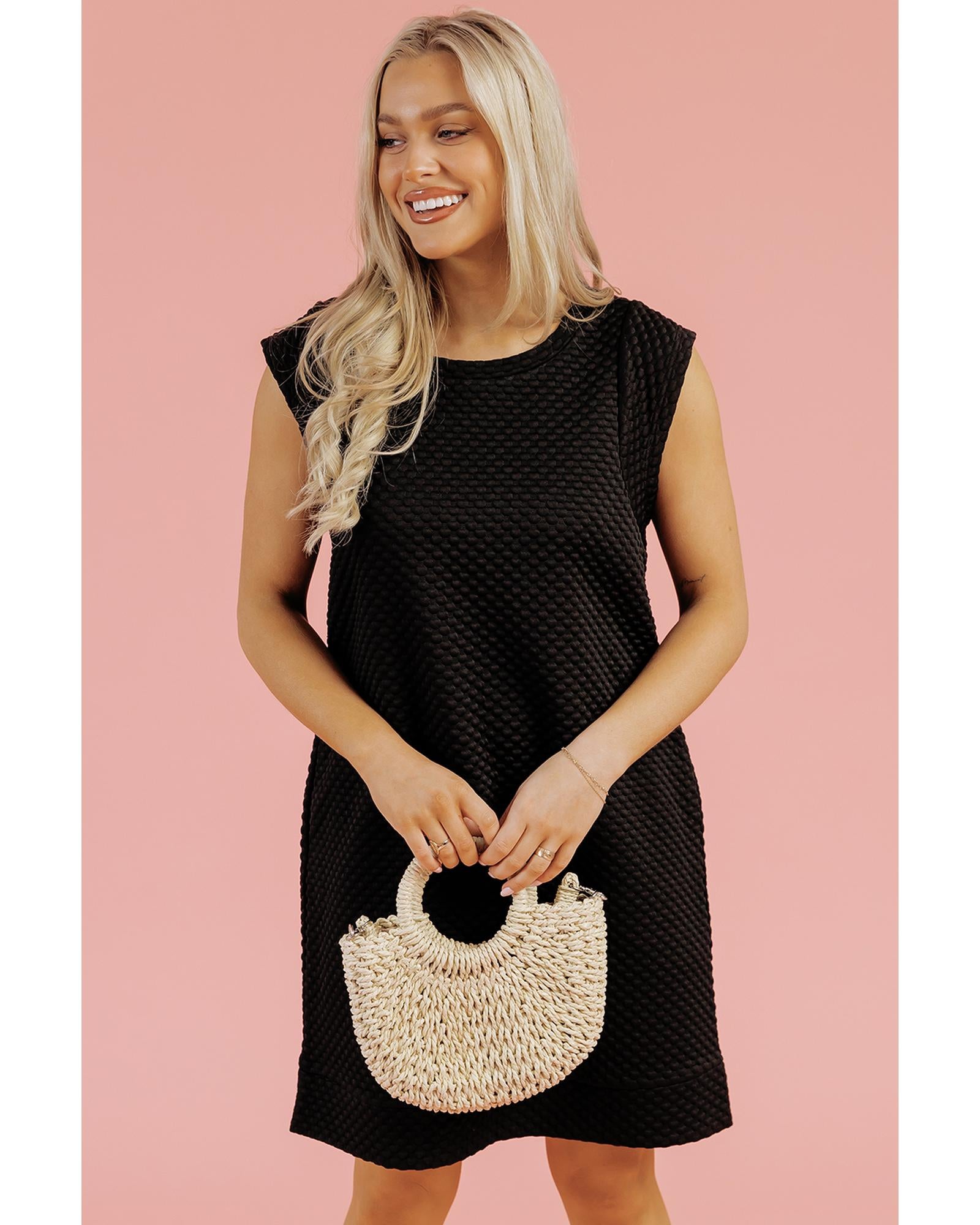 Black Textured Cap Sleeve T-shirt Shift Mini Dress - S 5