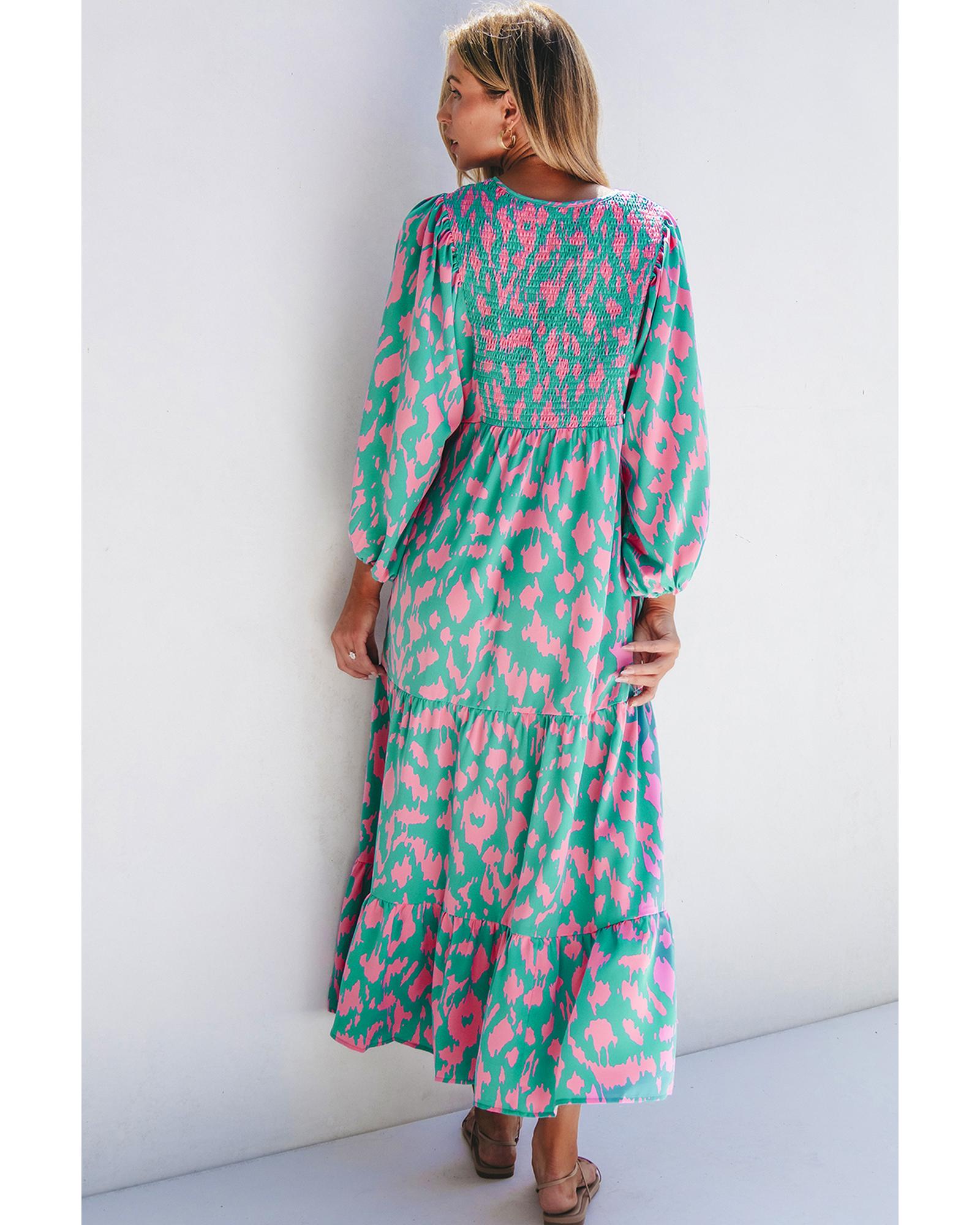 Green Abstract Print Puff Sleeve Tied Notched Neck Long Dress - M