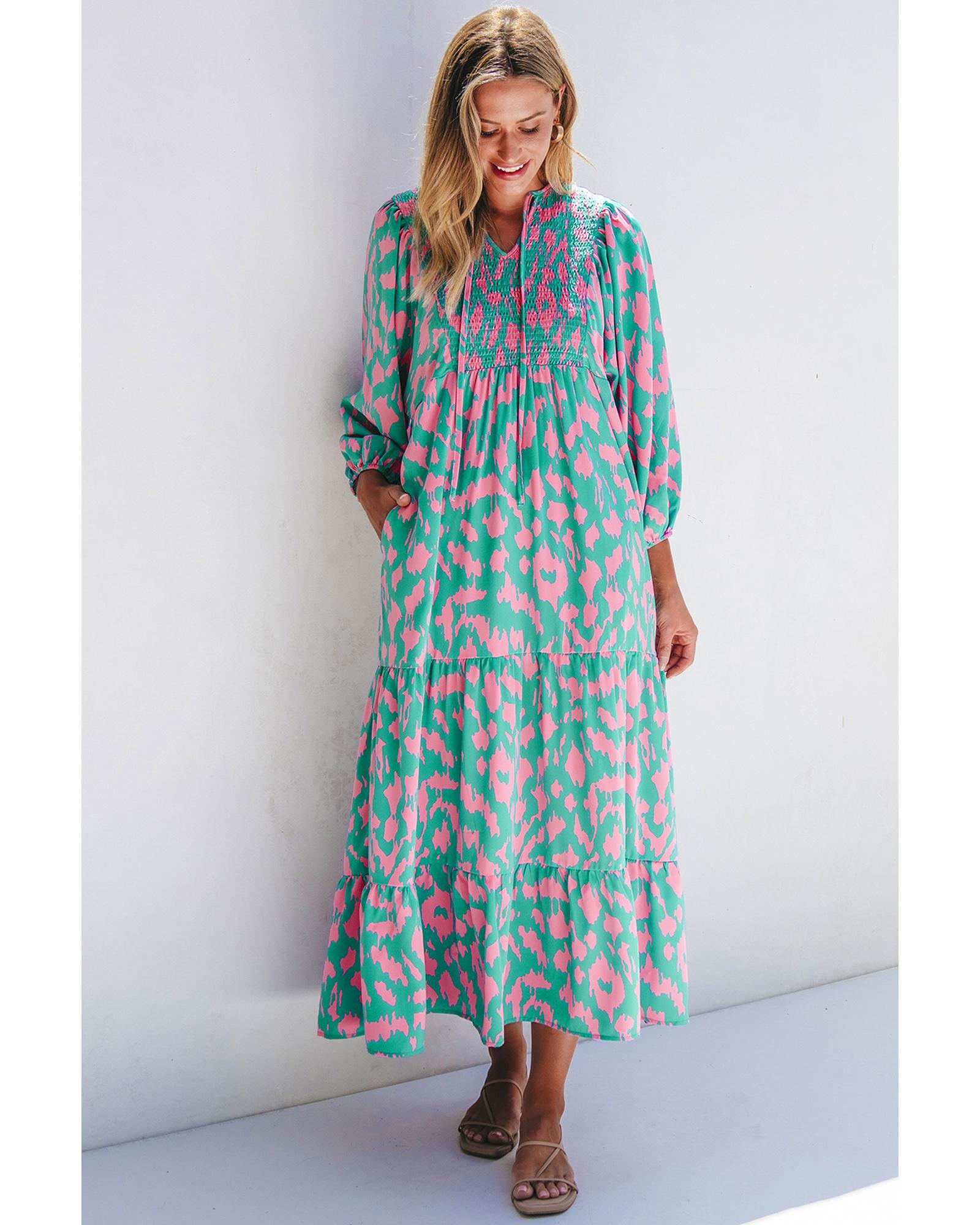 Green Abstract Print Puff Sleeve Tied Notched Neck Long Dress - M 3