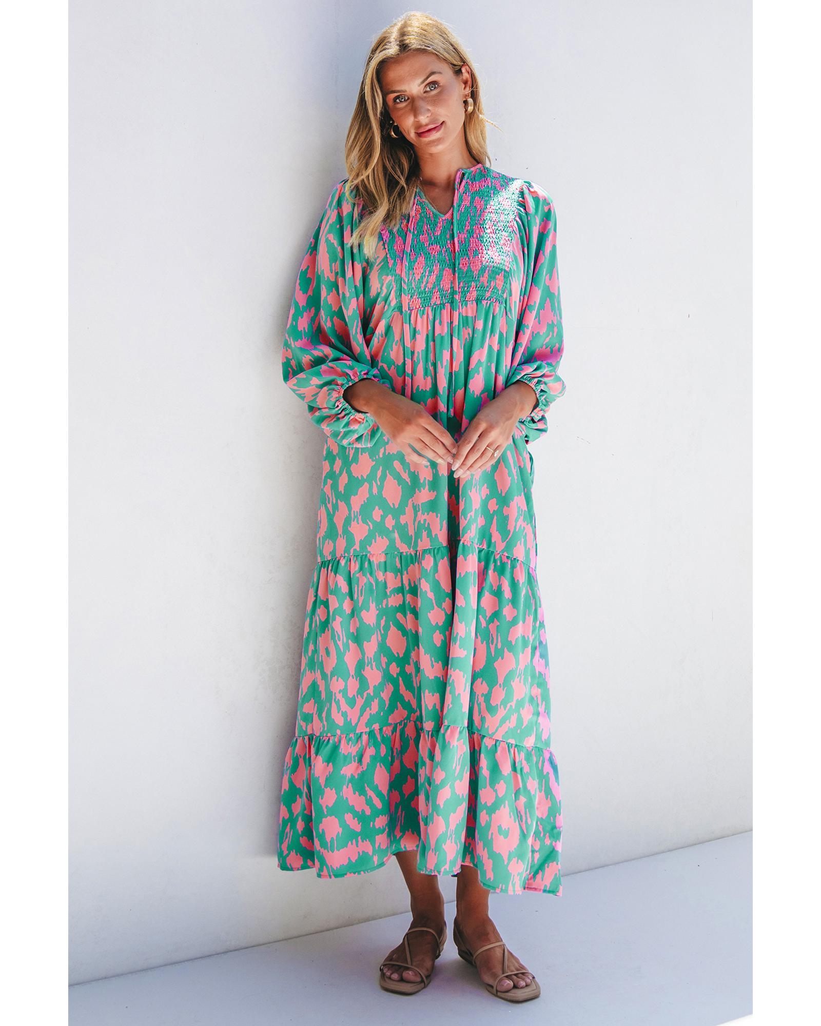 Green Abstract Print Puff Sleeve Tied Notched Neck Long Dress - M 4