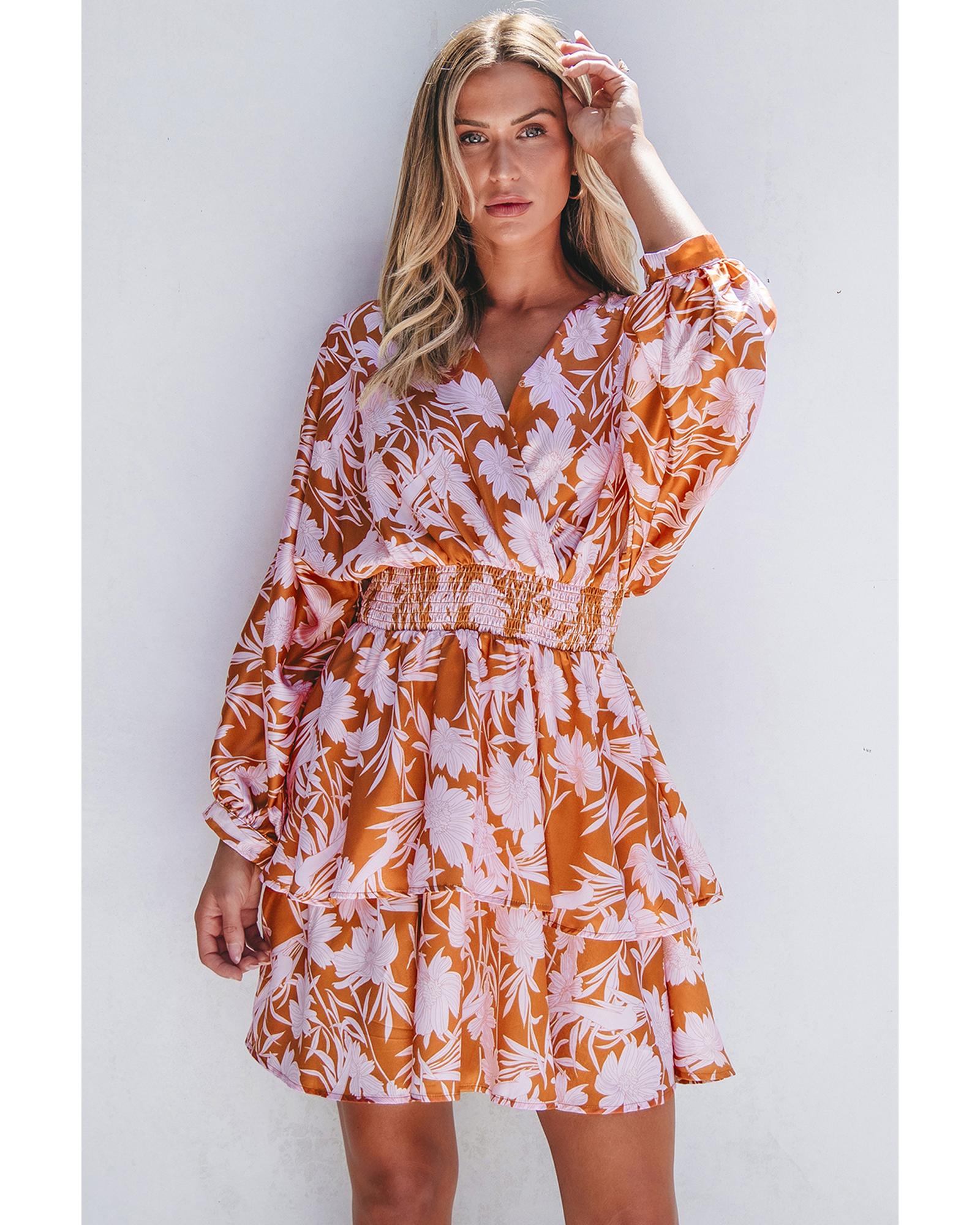 Brown Floral Puff Sleeve Smocked Waist Layered Dress - M