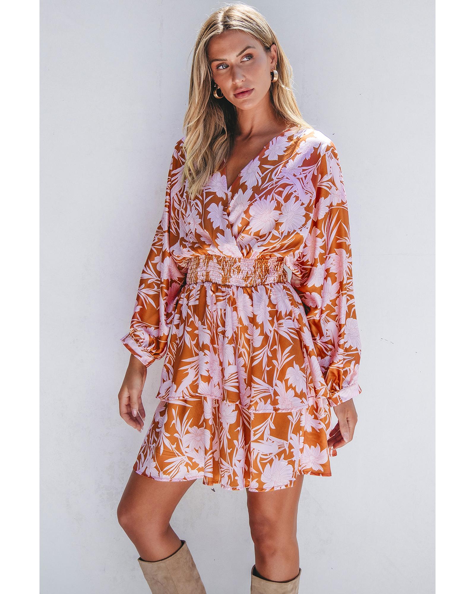 Brown Floral Puff Sleeve Smocked Waist Layered Dress - S