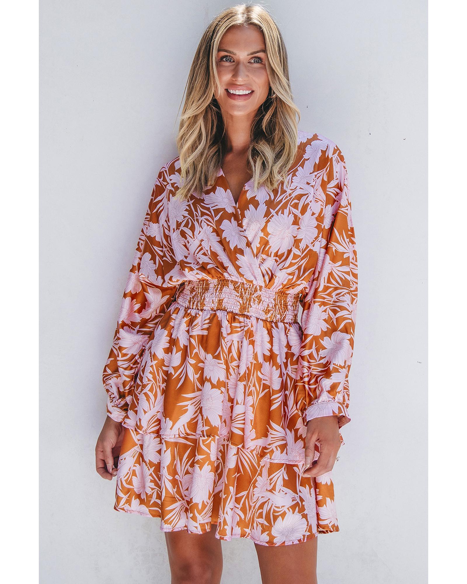 Brown Floral Puff Sleeve Smocked Waist Layered Dress - S 4
