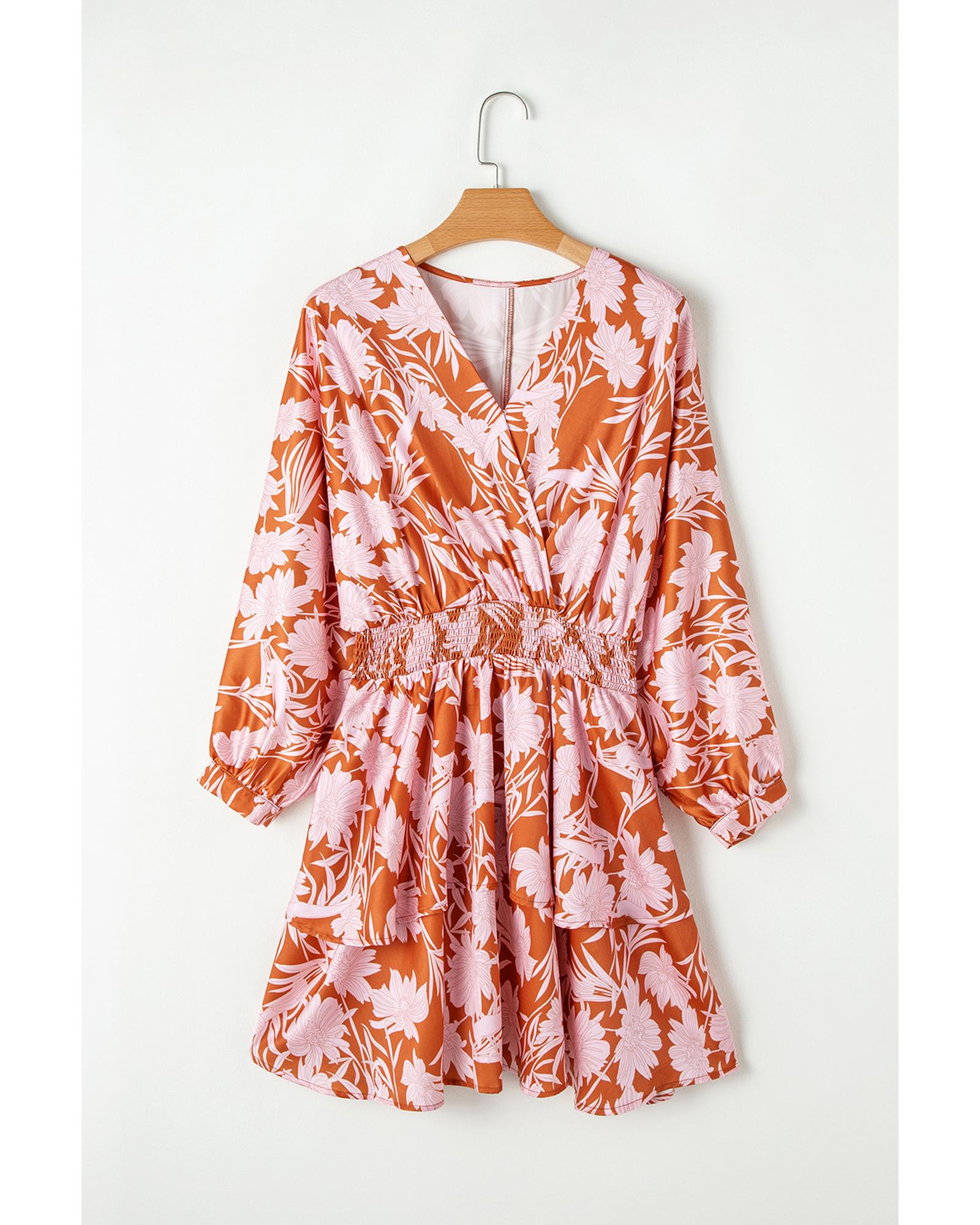 Brown Floral Puff Sleeve Smocked Waist Layered Dress - S 5