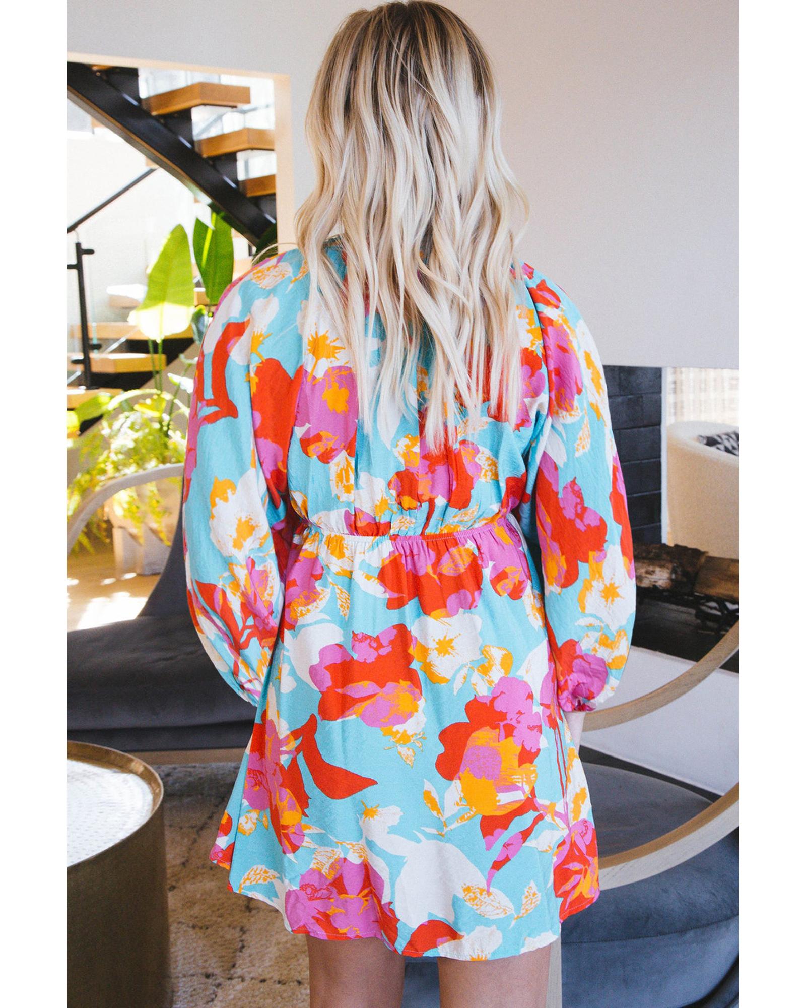 Sky Blue Floral Bracelet Sleeve Empire Waist Mini Dress - L