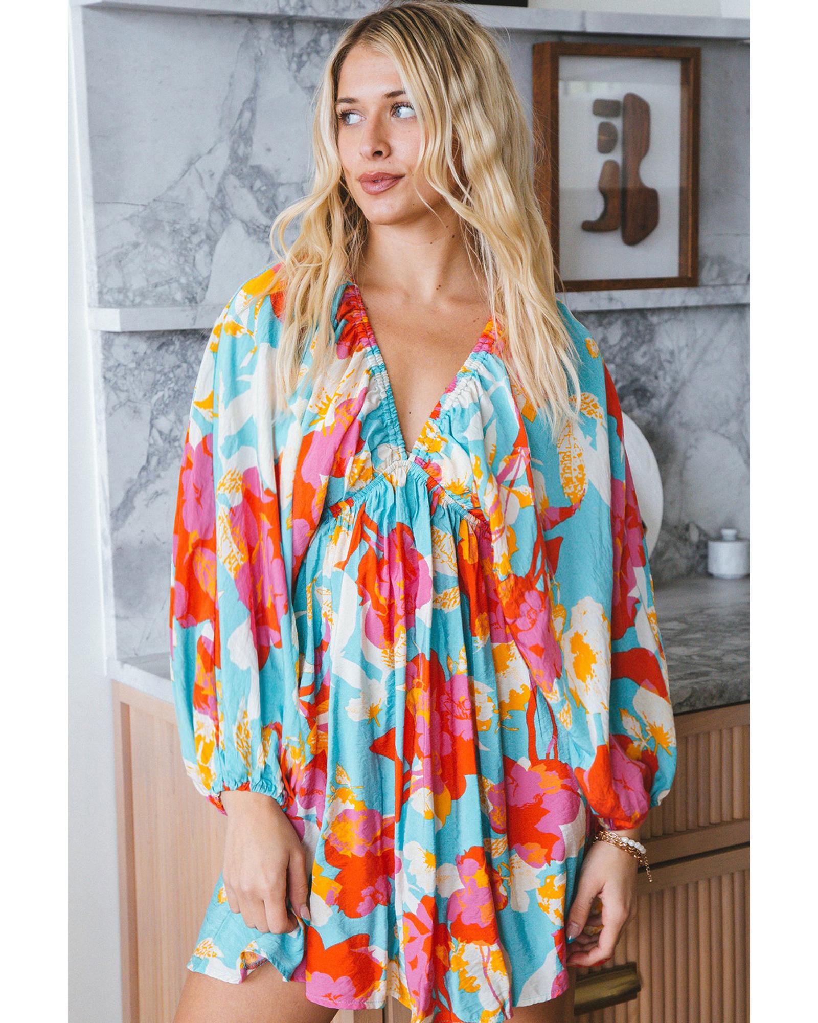 Sky Blue Floral Bracelet Sleeve Empire Waist Mini Dress - L 3