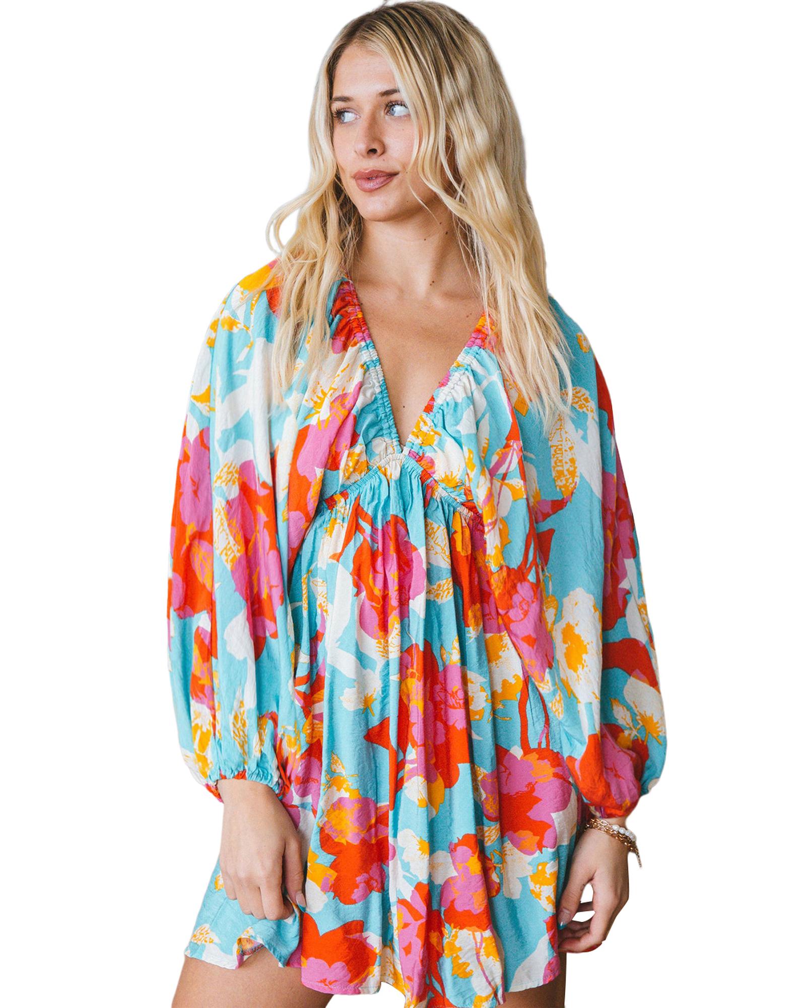 Sky Blue Floral Bracelet Sleeve Empire Waist Mini Dress - L 4