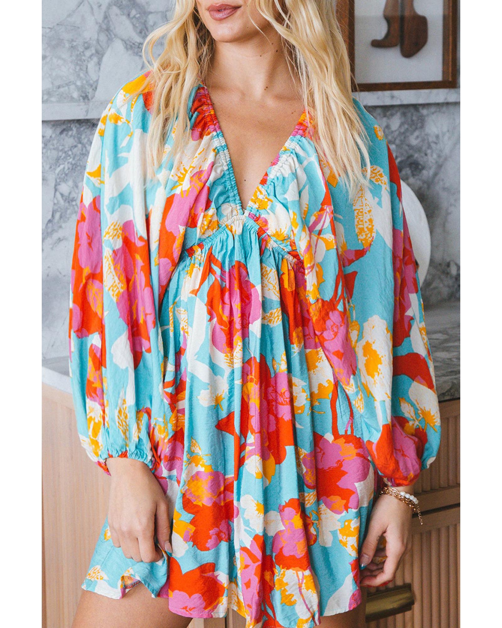 Sky Blue Floral Bracelet Sleeve Empire Waist Mini Dress - L 6