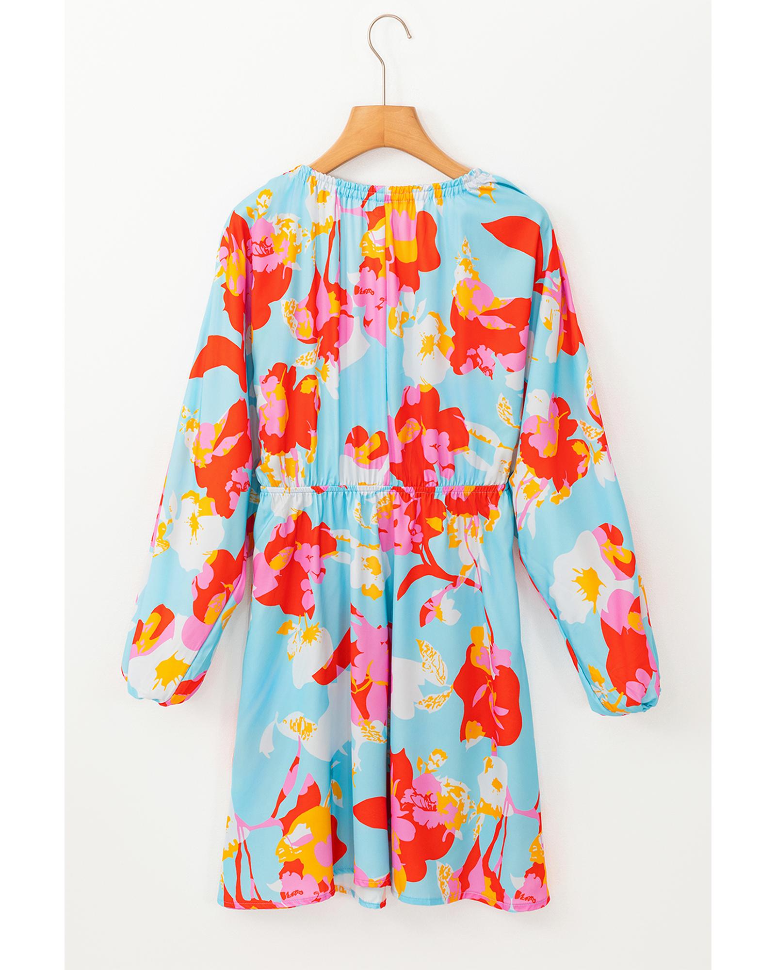 Sky Blue Floral Bracelet Sleeve Empire Waist Mini Dress - L 8