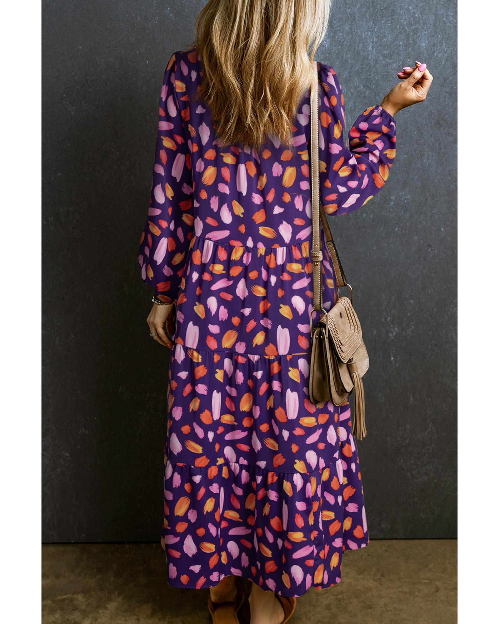 Blue Petal Collared Tiered Flowy Long Dress - XL