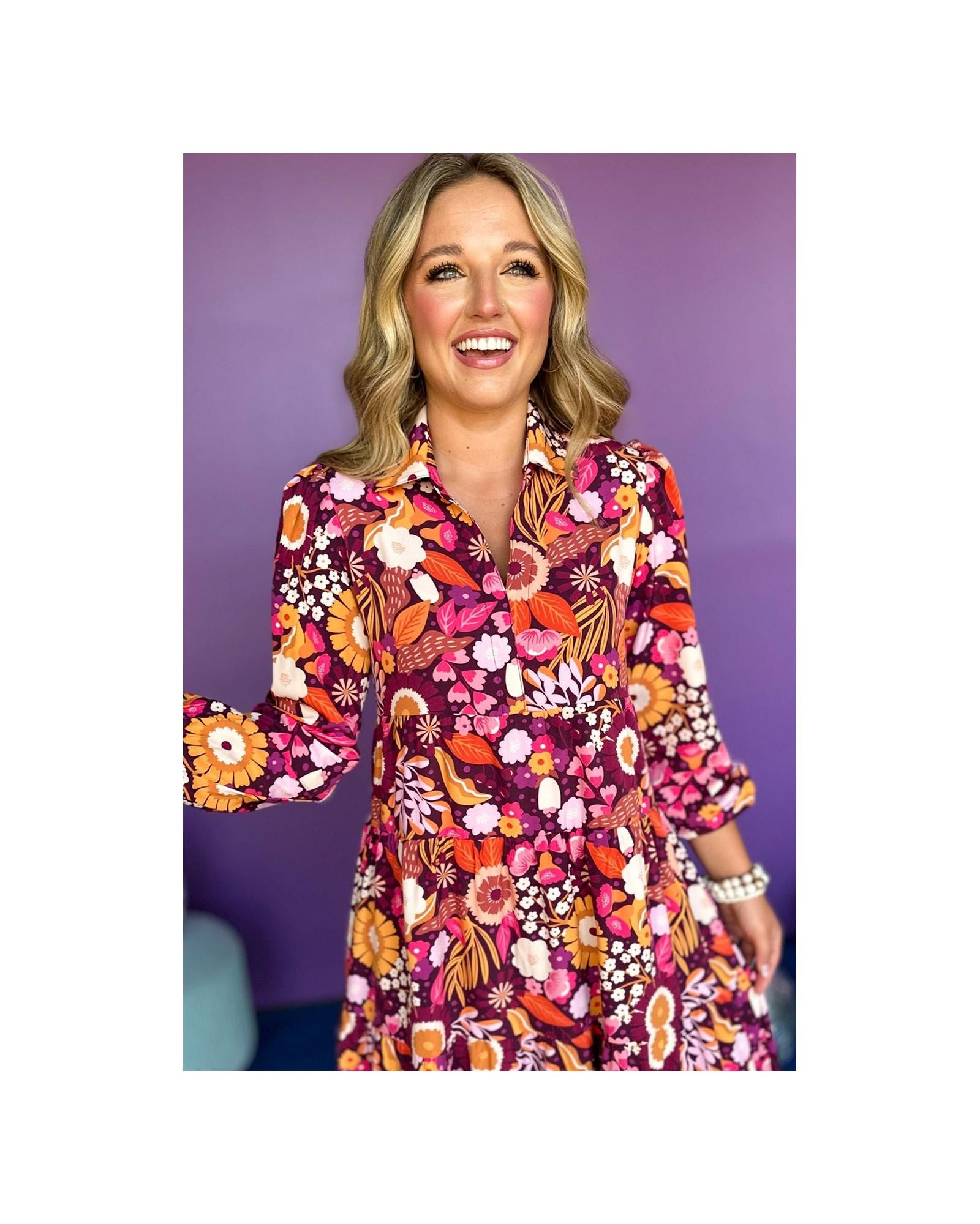 Purple Collared Tiered Flowy Long Dress - M 7