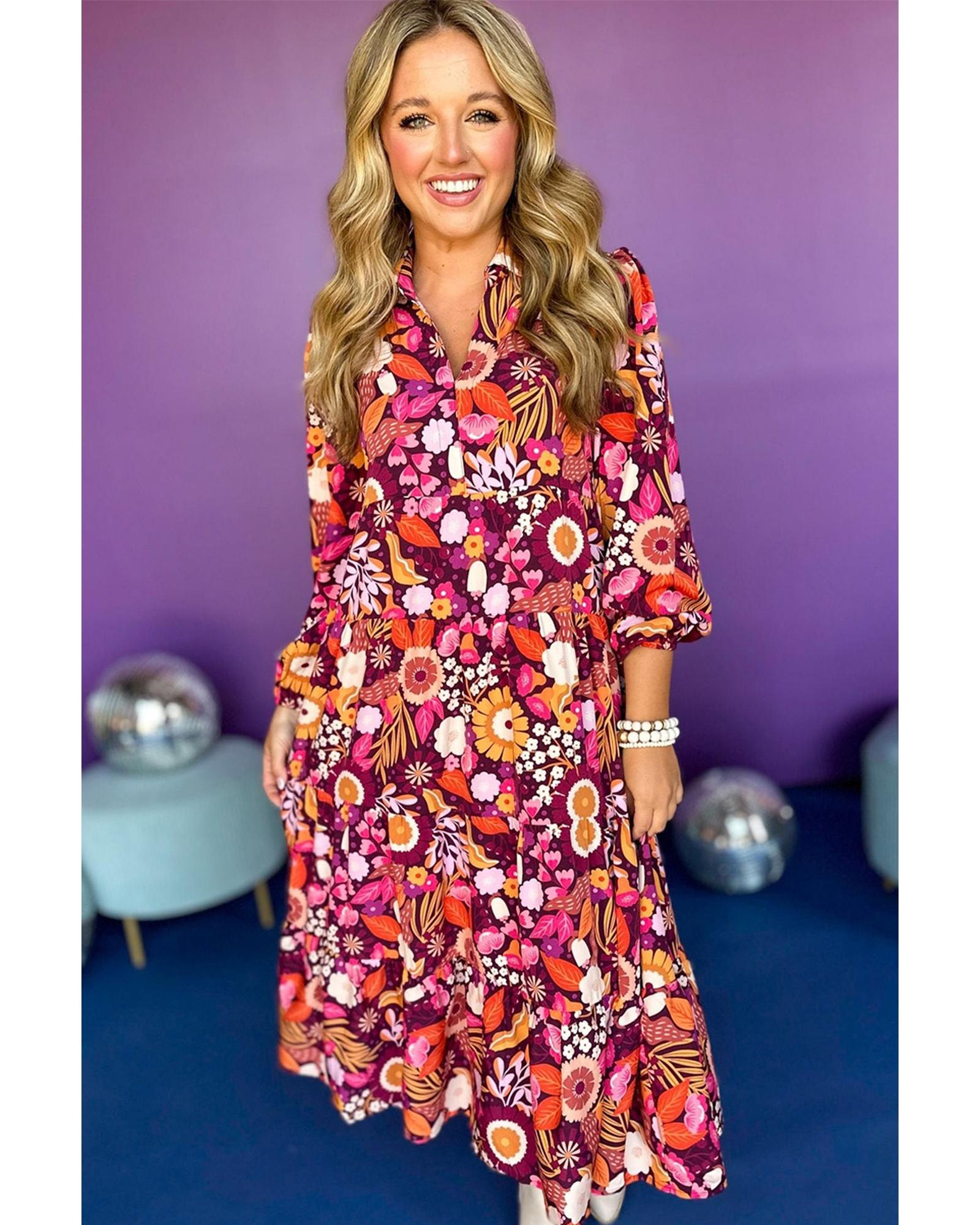 Purple Collared Tiered Flowy Long Dress - M 8