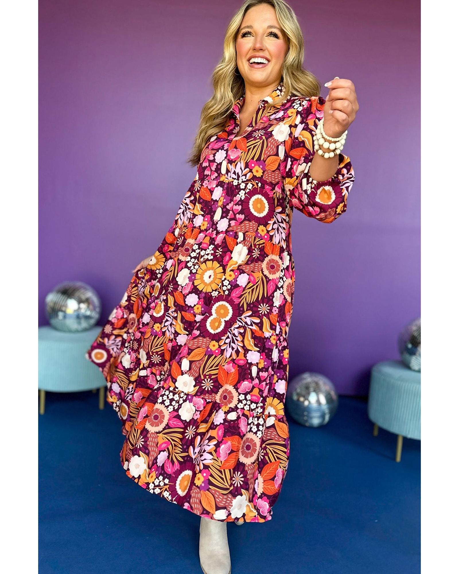 Purple Collared Tiered Flowy Long Dress - S 4