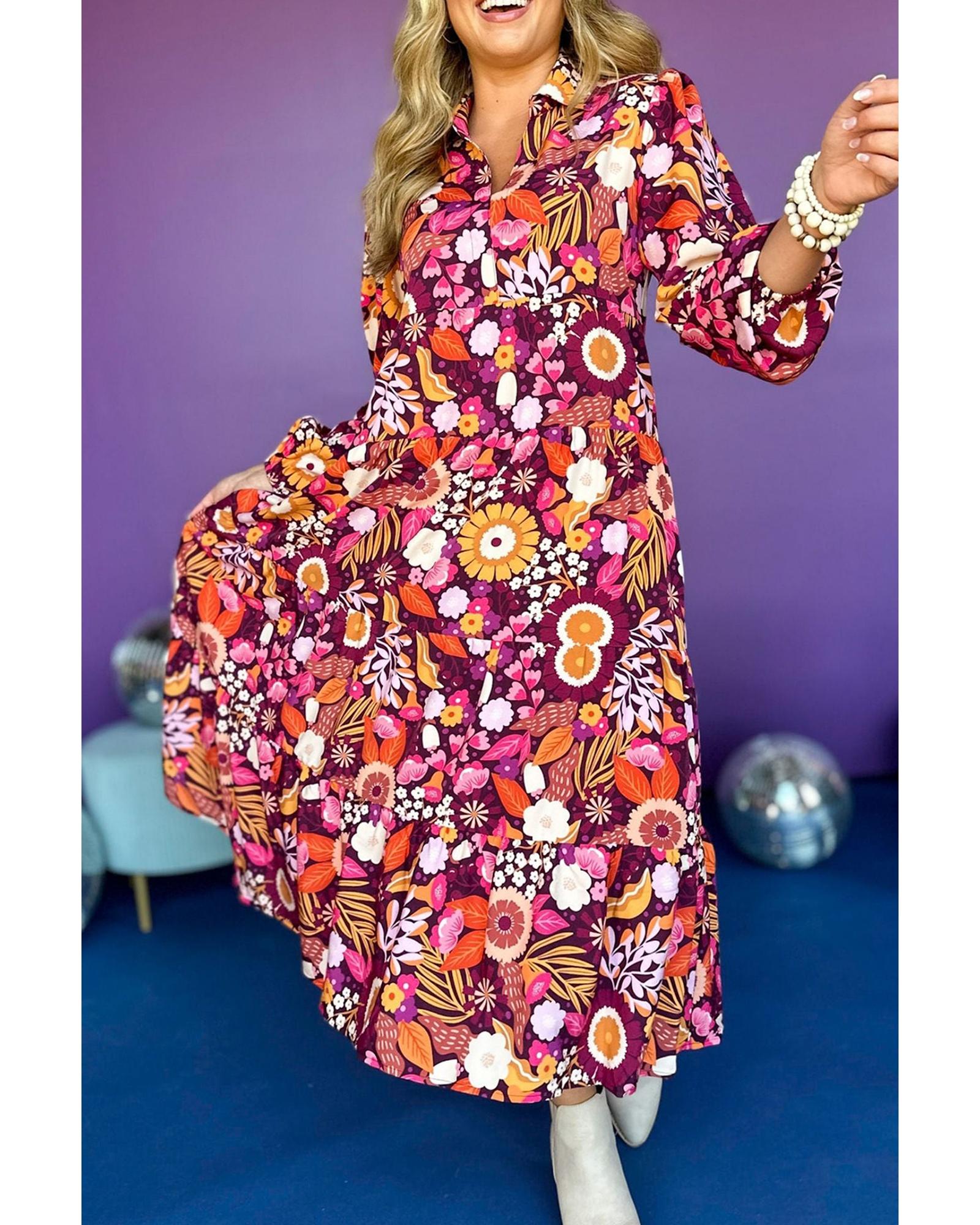 Purple Collared Tiered Flowy Long Dress - XL