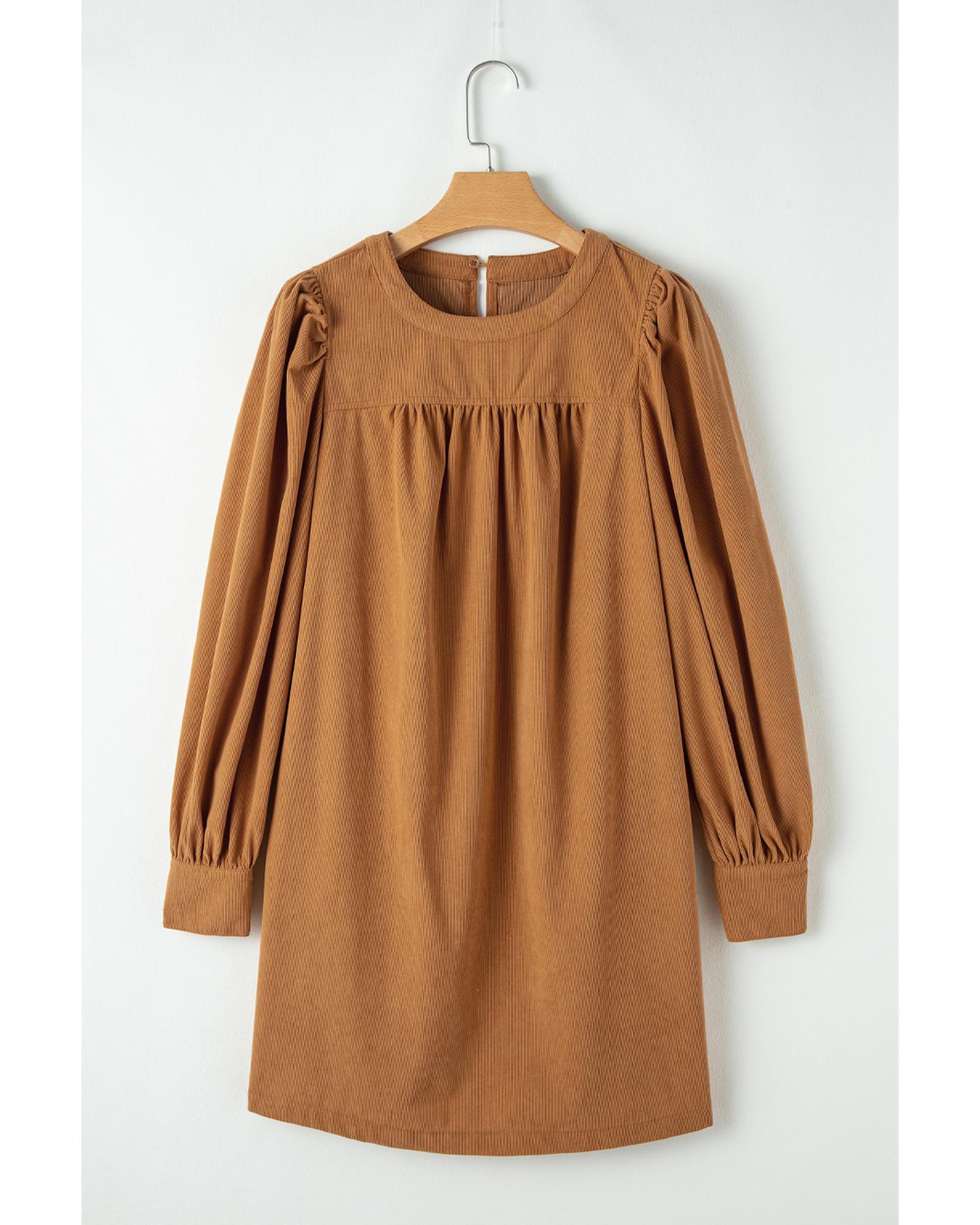 Desert Gold Corduroy Pleated Puff Sleeve Shift Short Dress - L 7