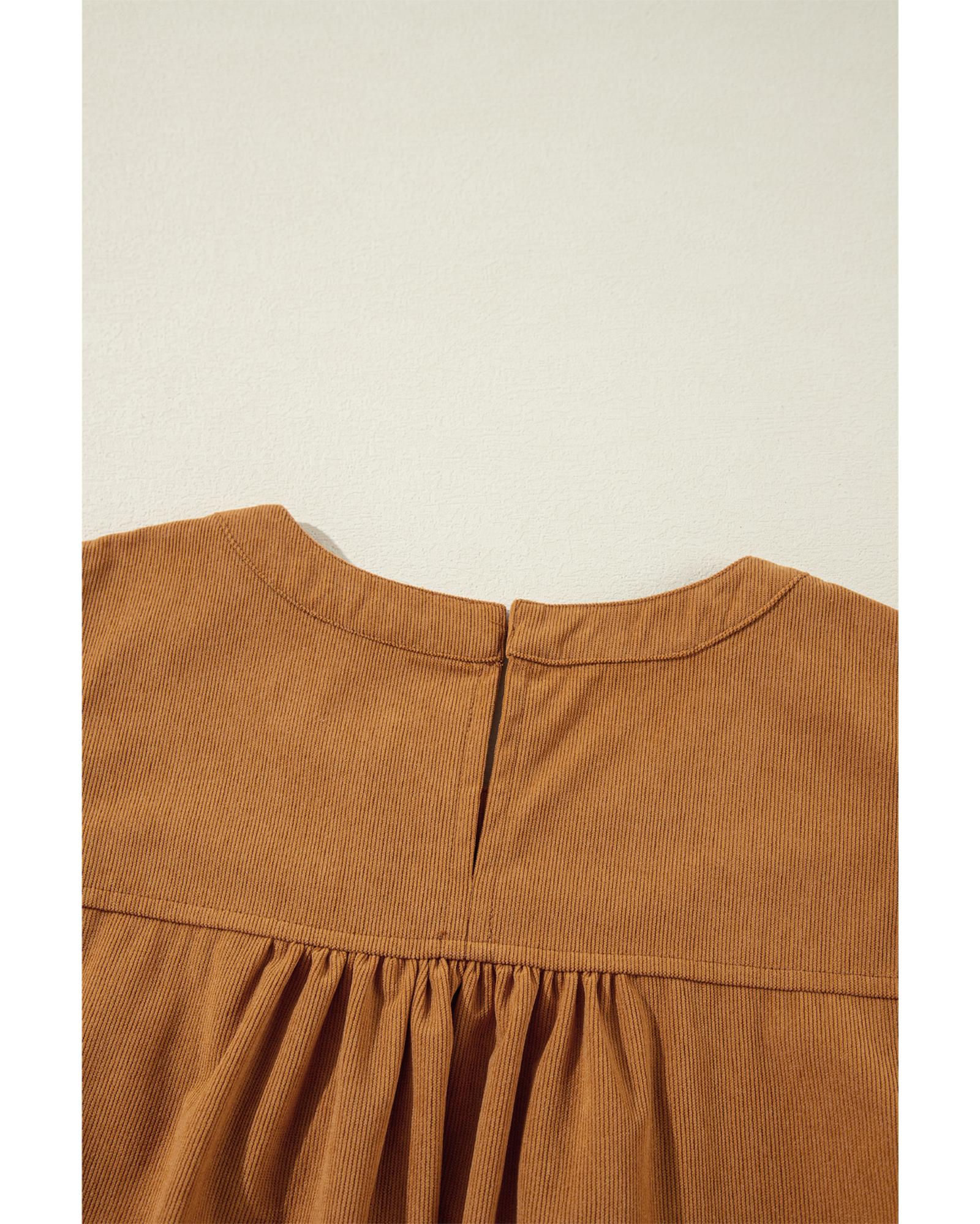 Desert Gold Corduroy Pleated Puff Sleeve Shift Short Dress - M