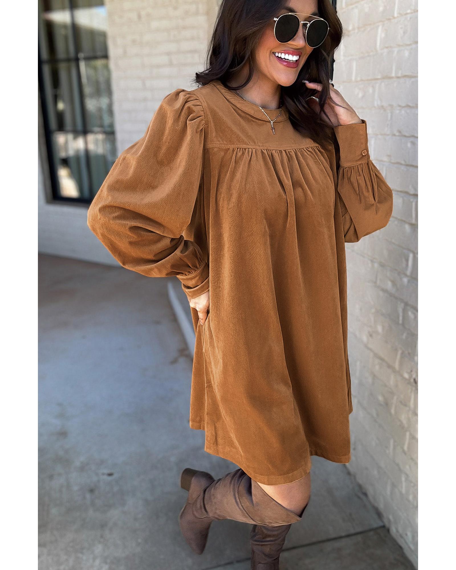 Desert Gold Corduroy Pleated Puff Sleeve Shift Short Dress - M 5