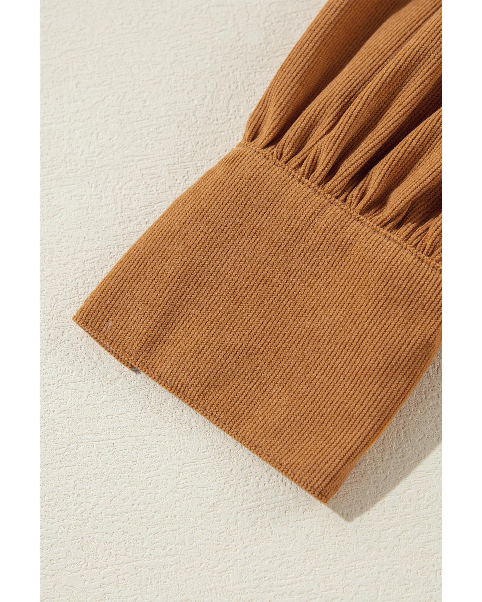 Desert Gold Corduroy Pleated Puff Sleeve Shift Short Dress - M 8