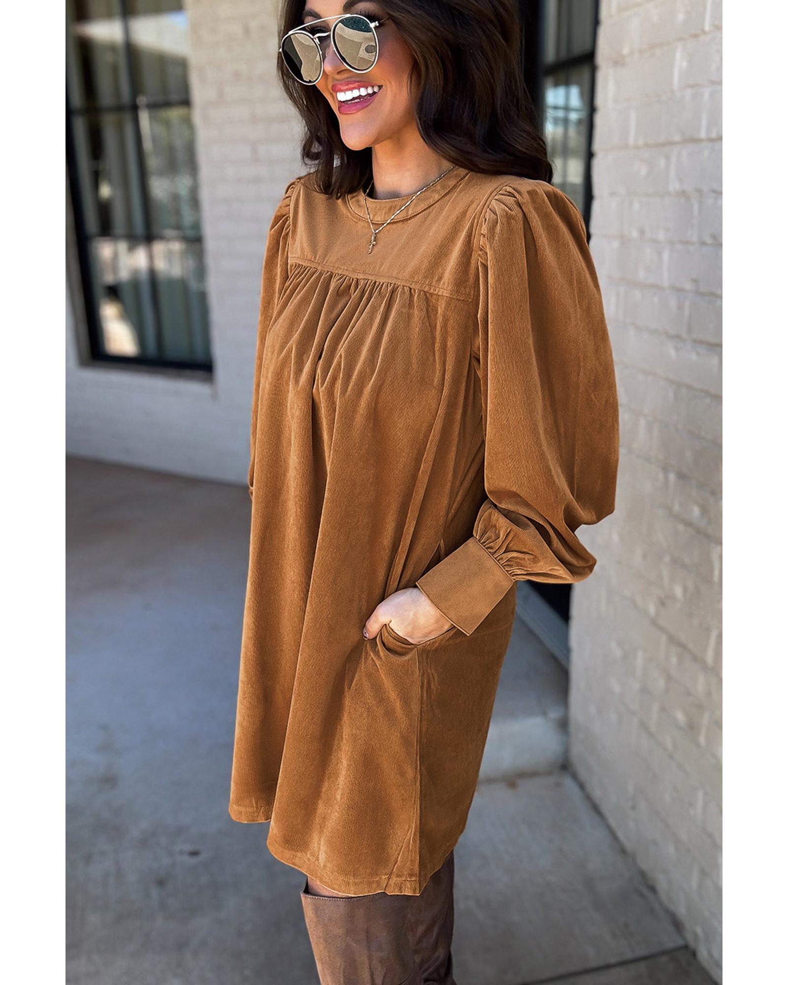 Desert Gold Corduroy Pleated Puff Sleeve Shift Short Dress - XL