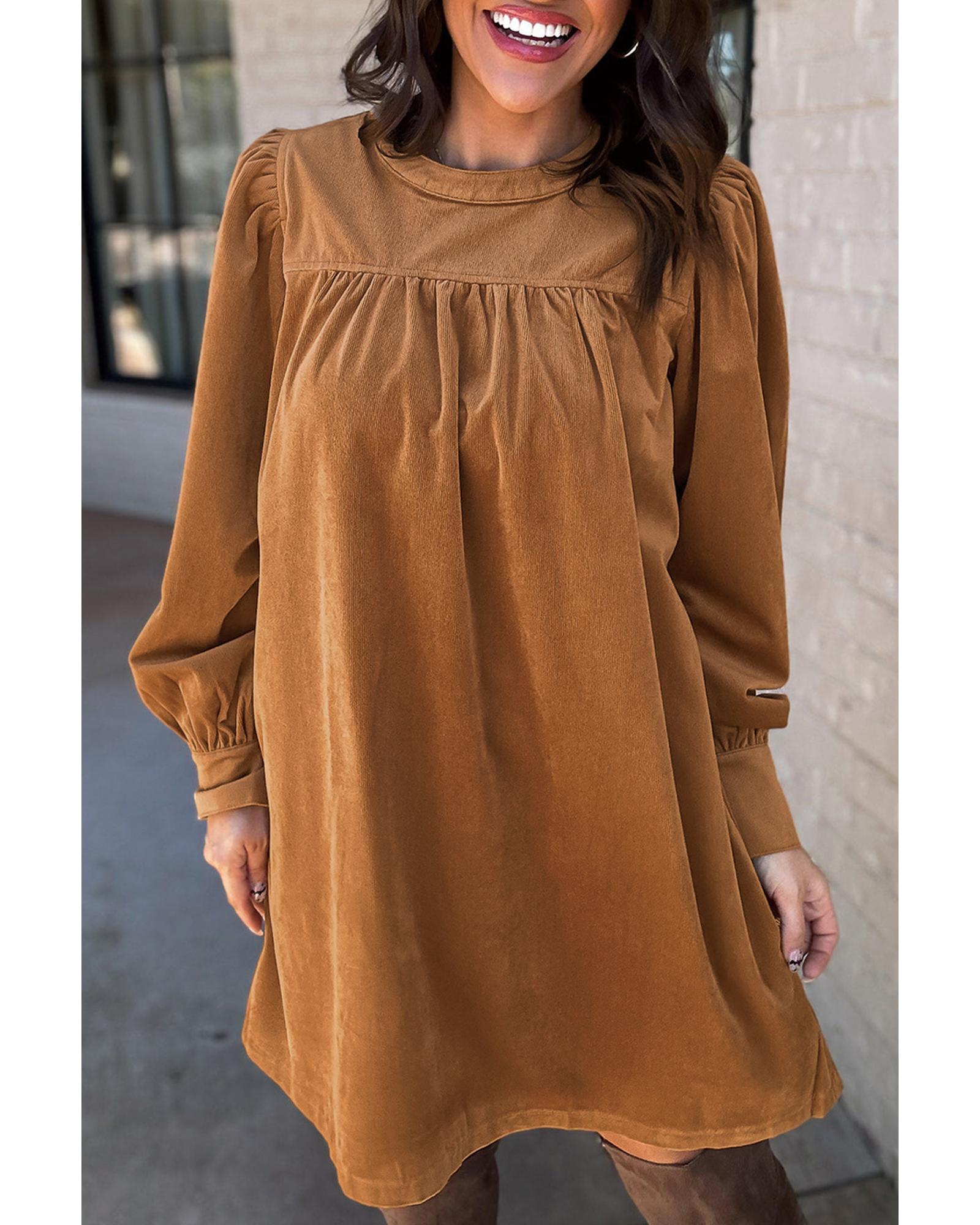 Desert Gold Corduroy Pleated Puff Sleeve Shift Short Dress - XL 3