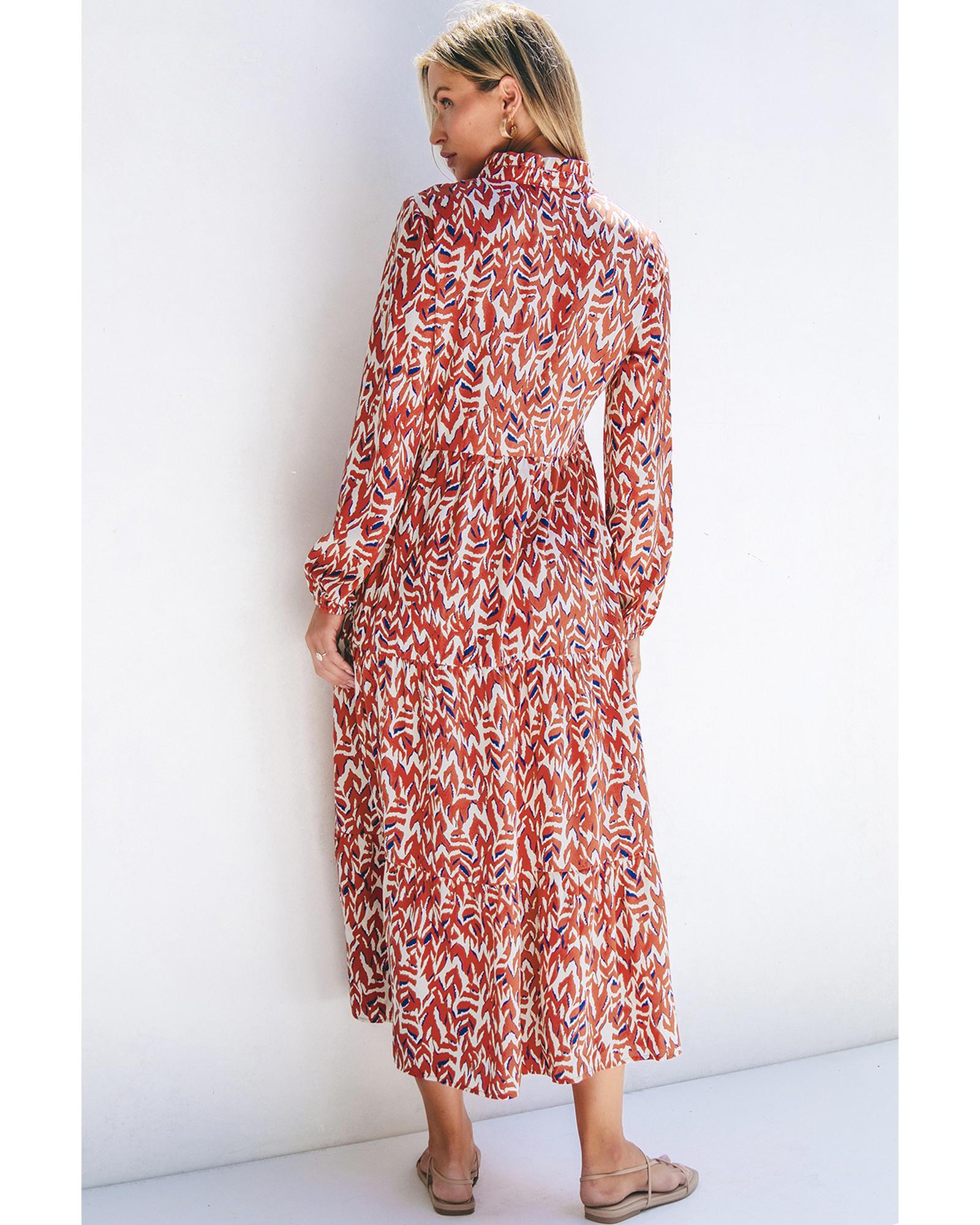 Orange Abstract Print V Neck Pleated High Waist Midi Dress - M 3