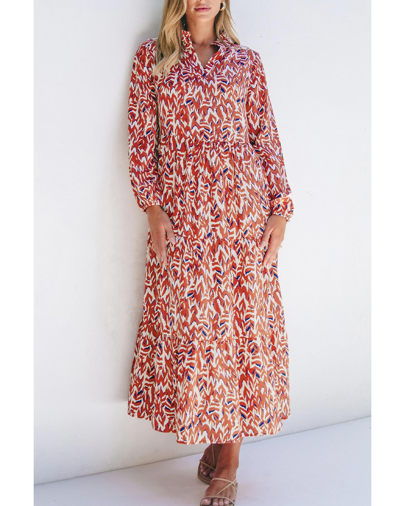 Orange Abstract Print V Neck Pleated High Waist Midi Dress - M 7