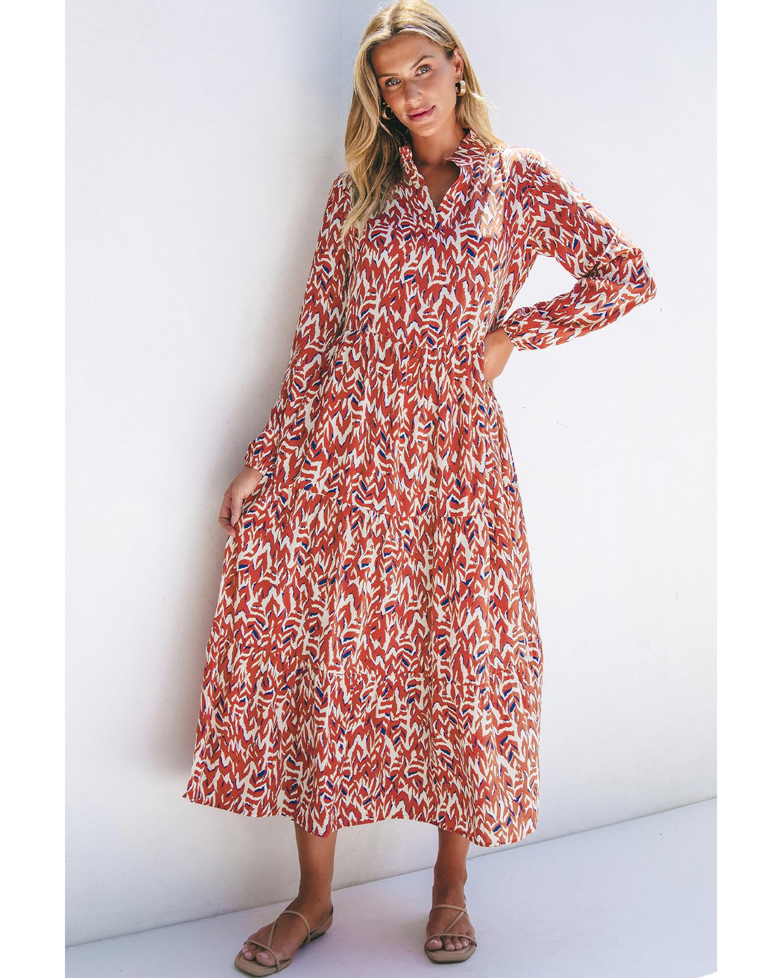 Orange Abstract Print V Neck Pleated High Waist Midi Dress - S 3