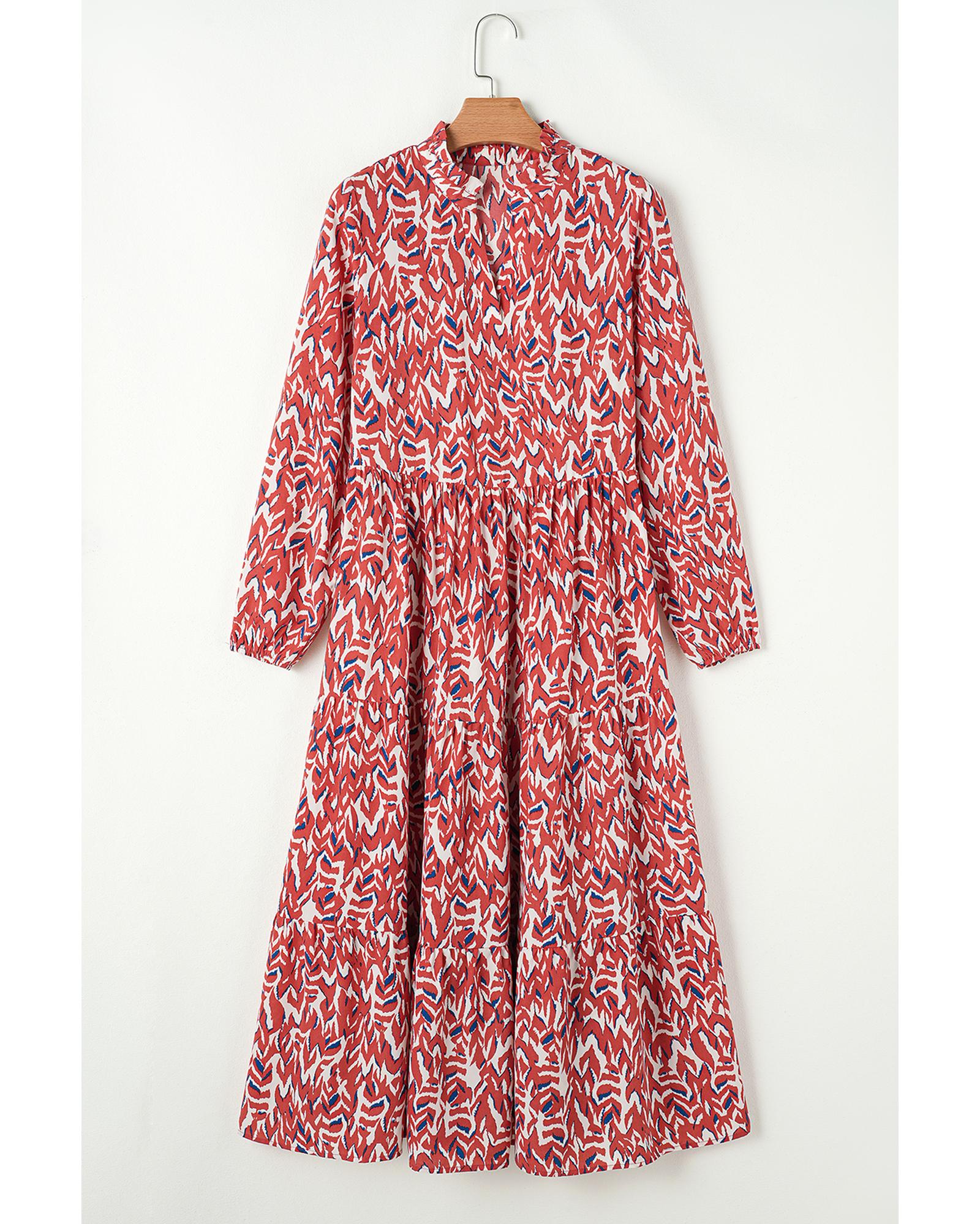 Orange Abstract Print V Neck Pleated High Waist Midi Dress - XL 7