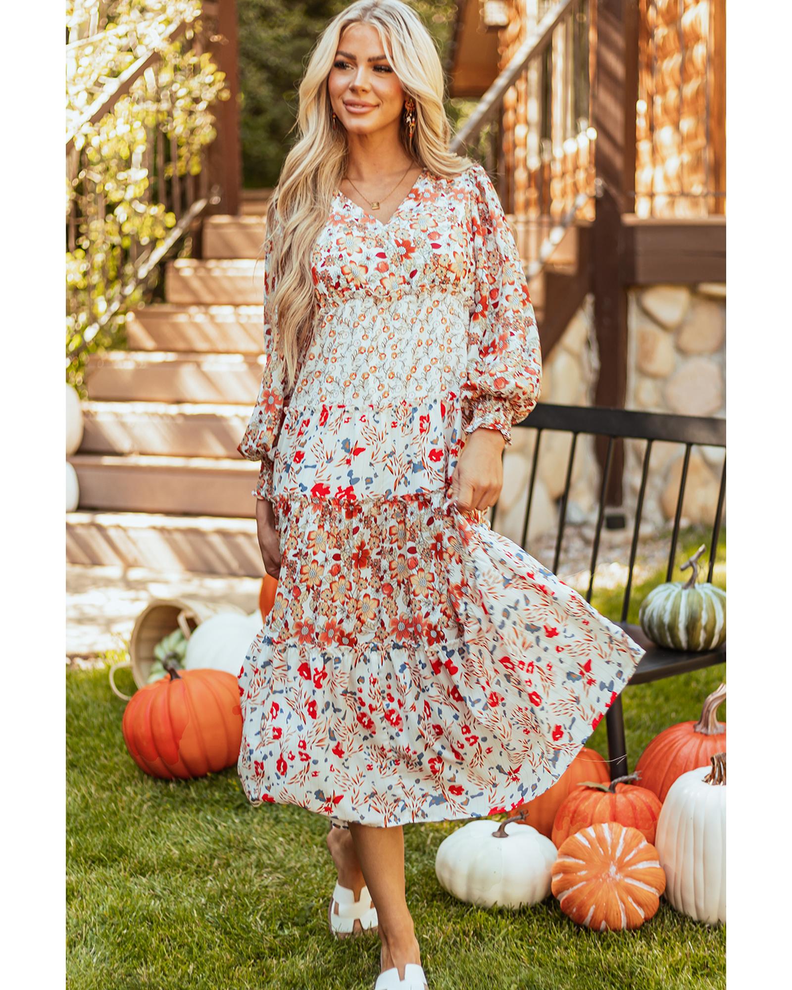 Khaki Floral Print Ruffled Tiered Long Sleeve V Neck Midi Dress - L 3