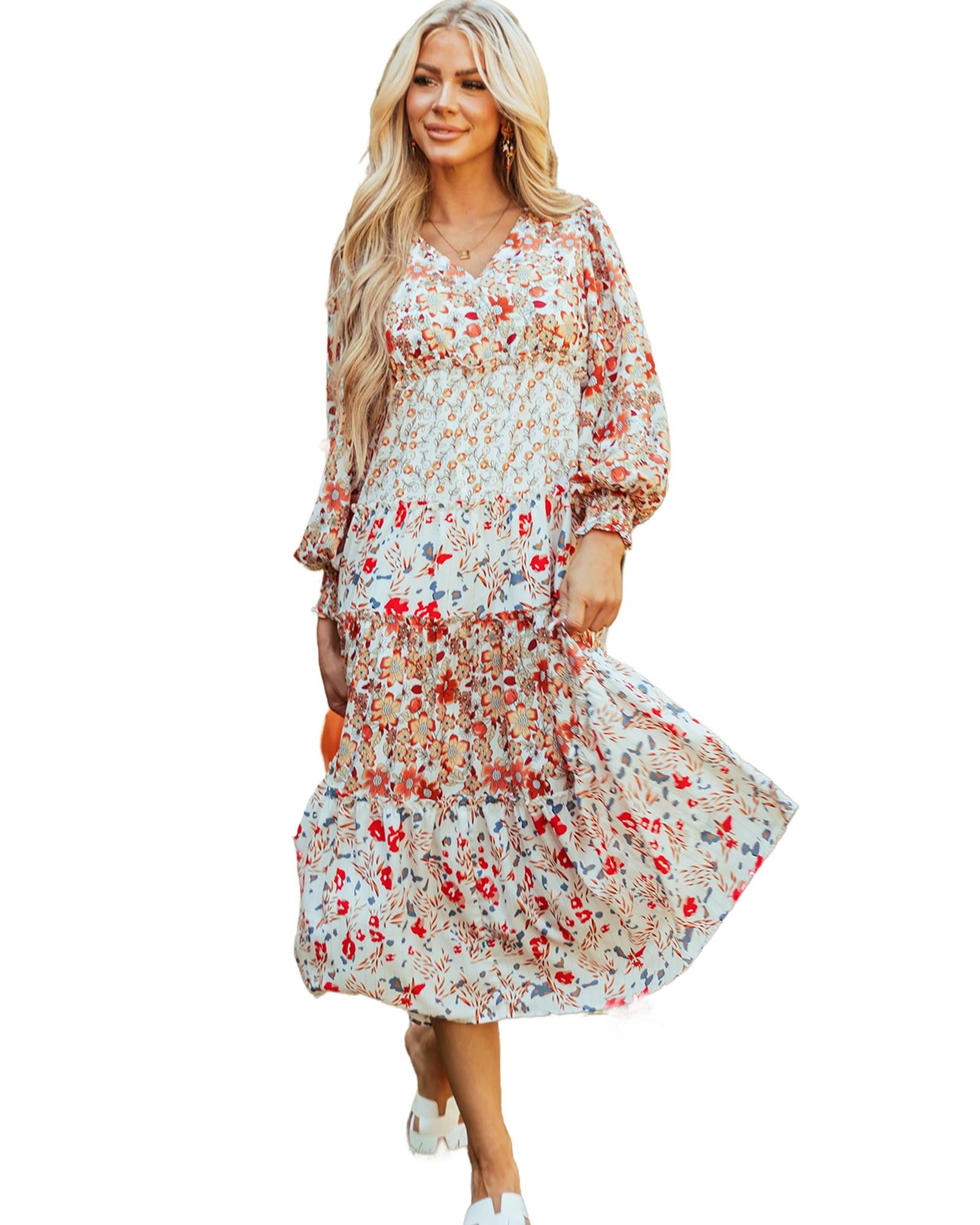 Khaki Floral Print Ruffled Tiered Long Sleeve V Neck Midi Dress - L 8